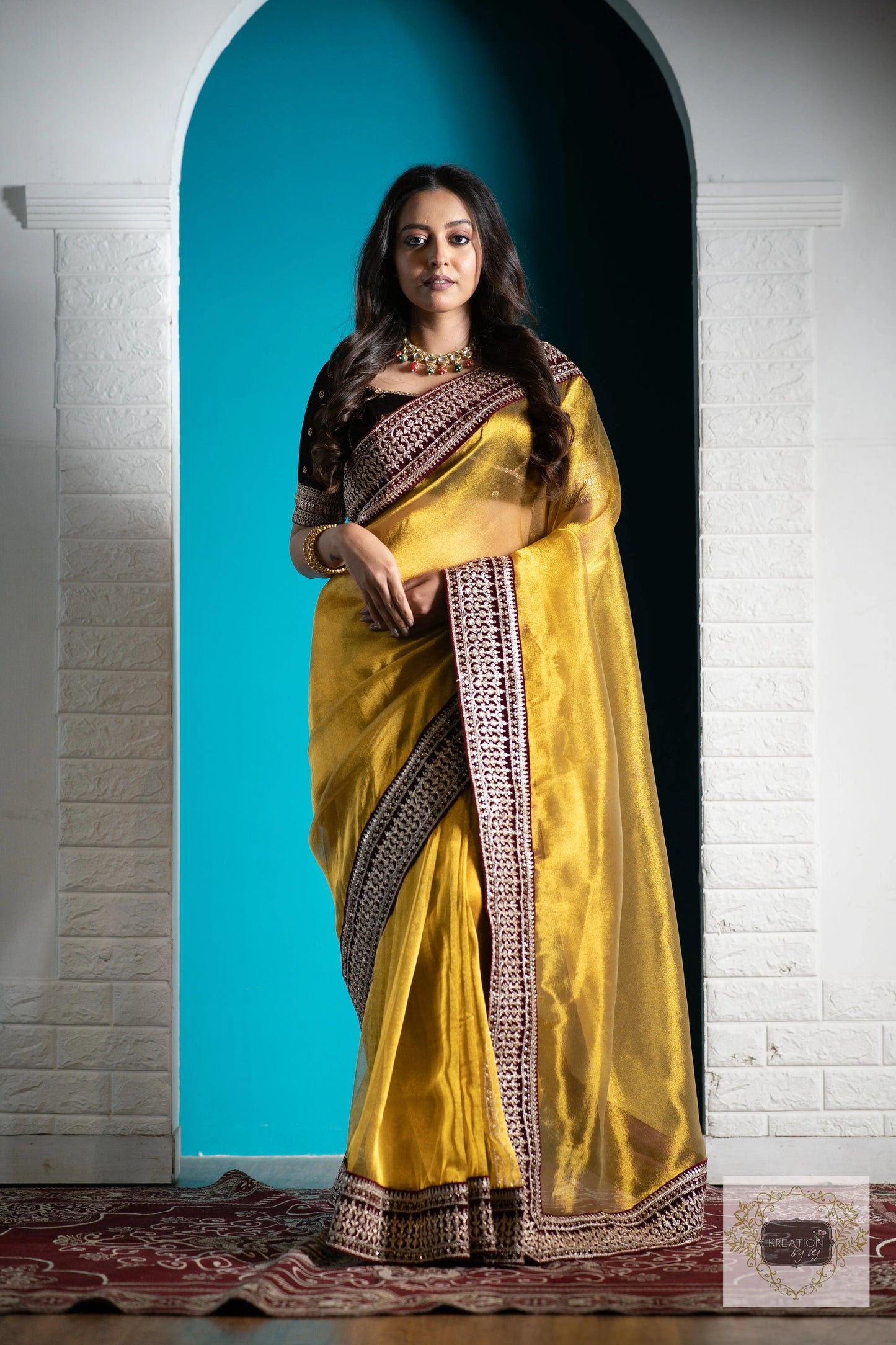 Golden Zari Tissue Saree with Maroon Border kreationbykj