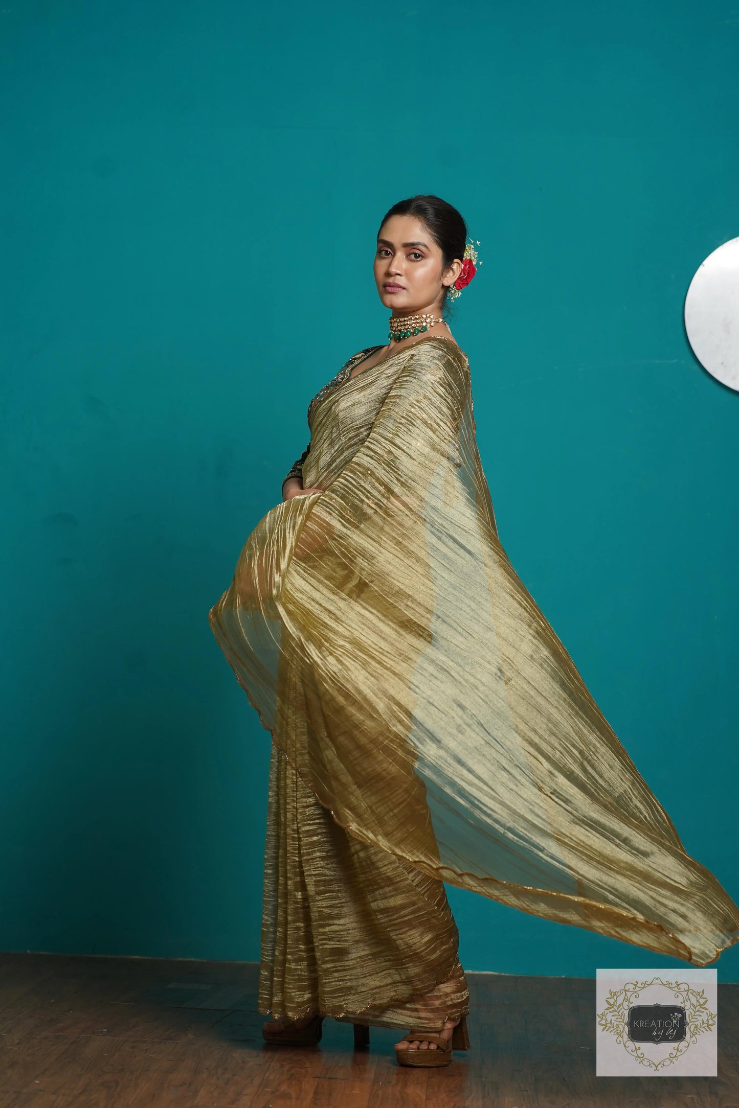 Ash Green Crushed Tissue Cocktail Saree kreationbykj