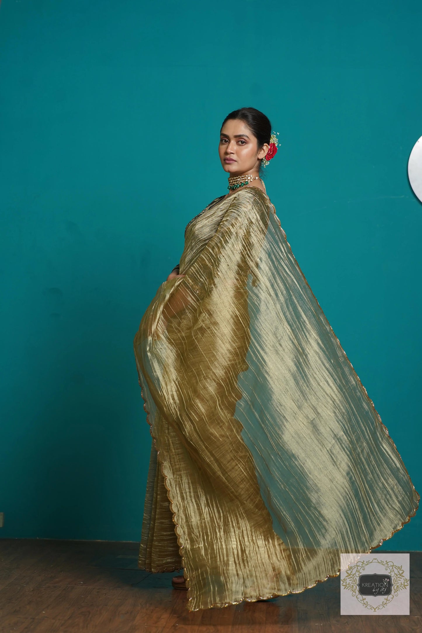 Ash Green Crushed Tissue Cocktail Saree kreationbykj