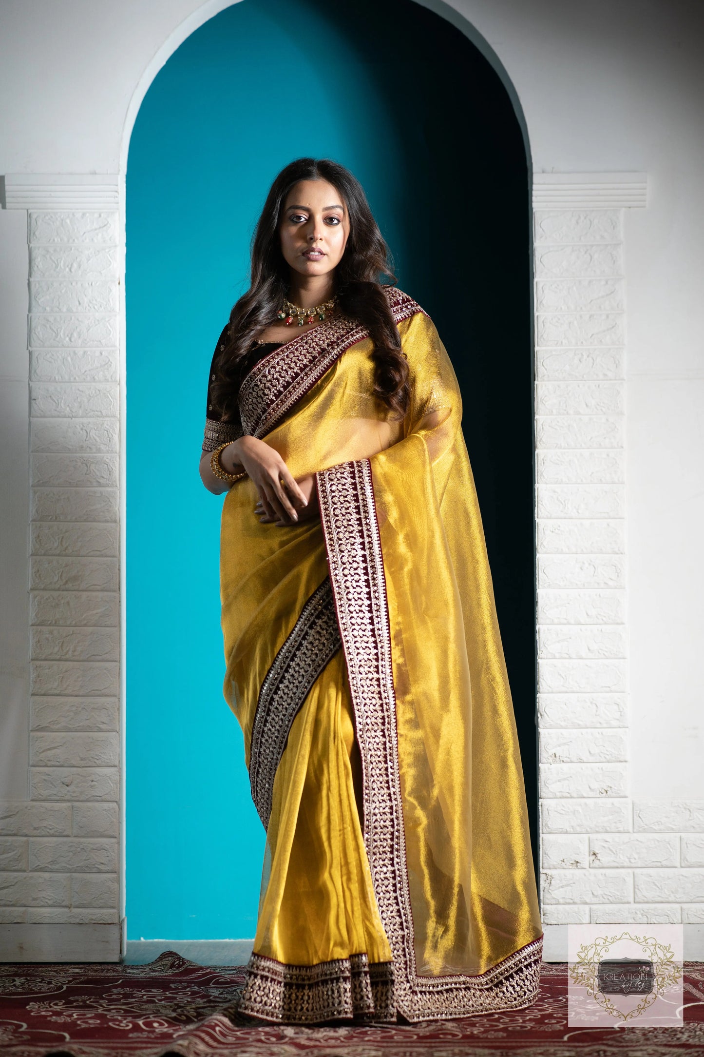 Golden Zari Tissue Saree with Maroon Border kreationbykj