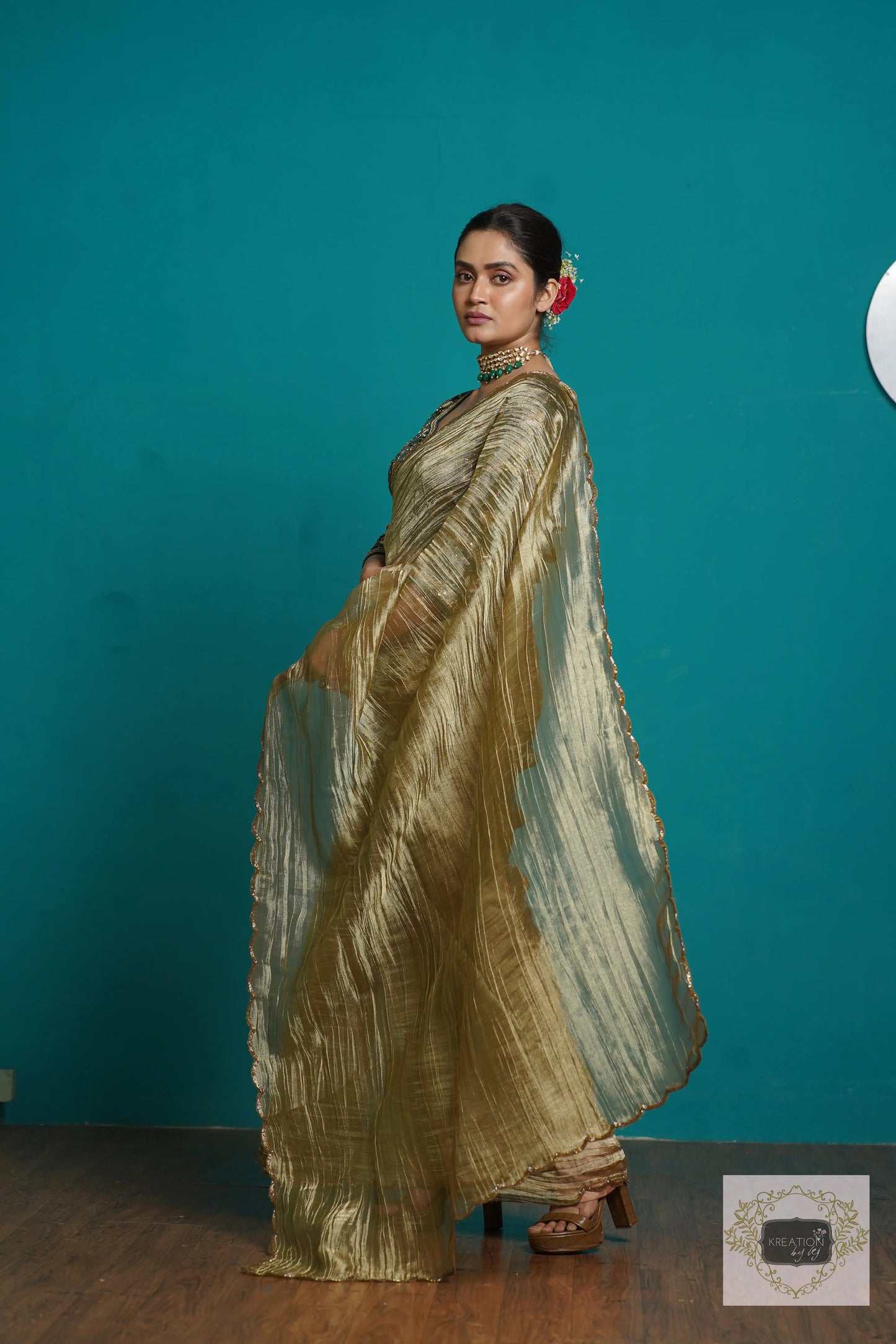 Ash Green Crushed Tissue Cocktail Saree kreationbykj