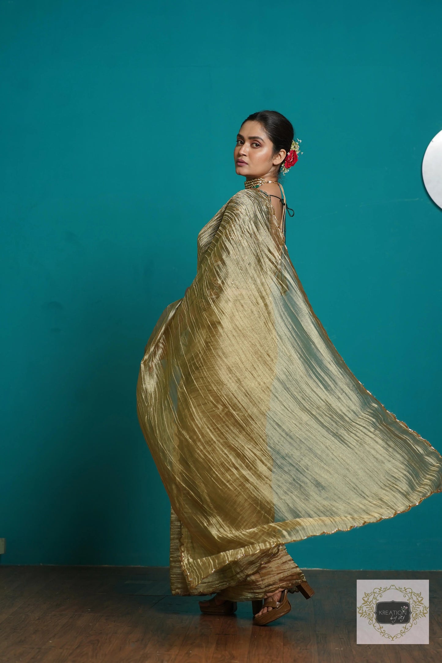 Ash Green Crushed Tissue Cocktail Saree kreationbykj