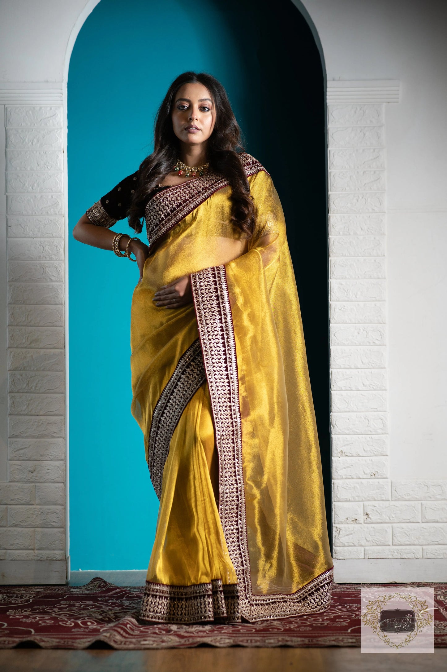 Golden Zari Tissue Saree with Maroon Border kreationbykj