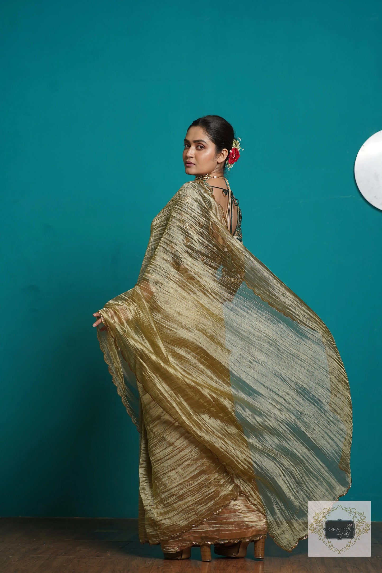 Ash Green Crushed Tissue Cocktail Saree kreationbykj