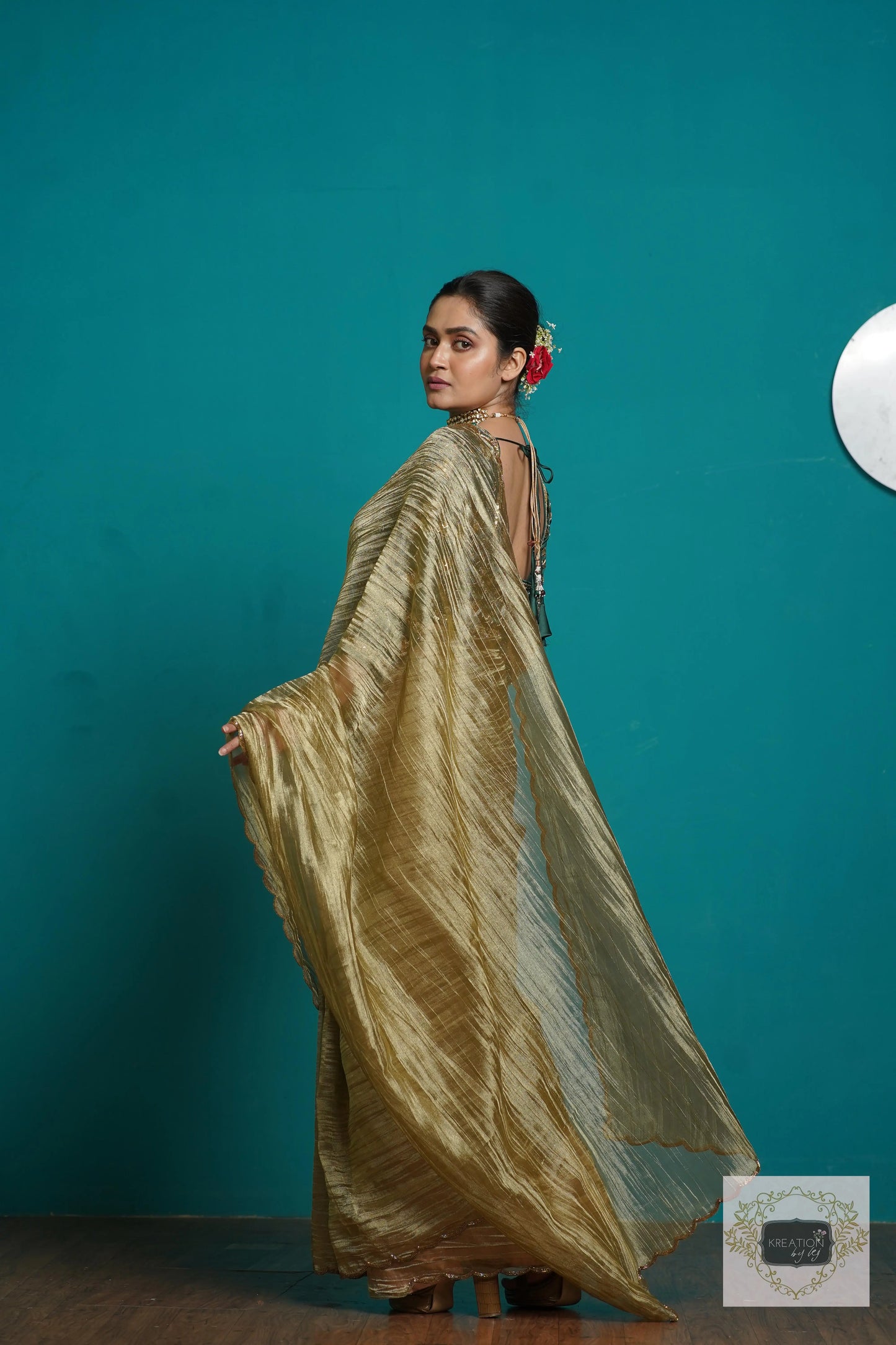 Ash Green Crushed Tissue Cocktail Saree kreationbykj