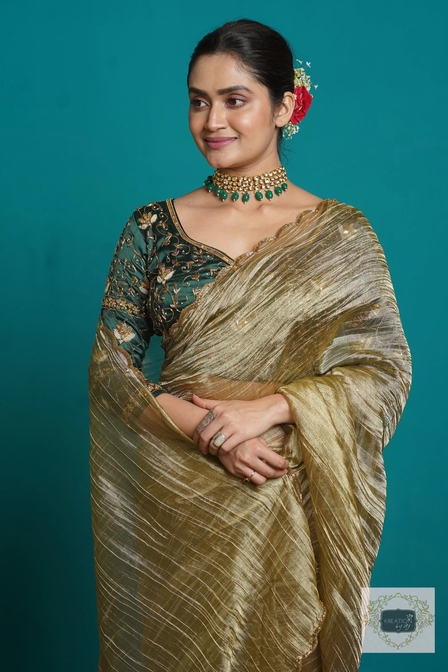 Ash Green Crushed Tissue Cocktail Saree kreationbykj