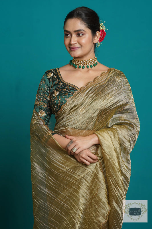 Ash Green Crushed Tissue Cocktail Saree kreationbykj