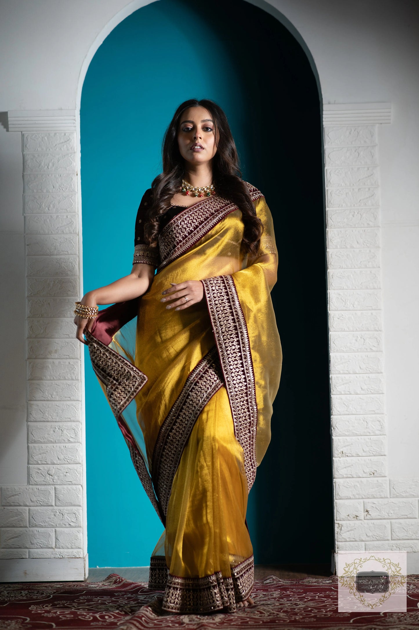 Golden Zari Tissue Saree with Maroon Border kreationbykj