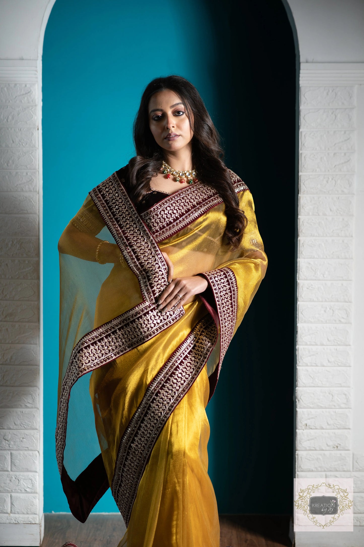 Golden Zari Tissue Saree with Maroon Border kreationbykj