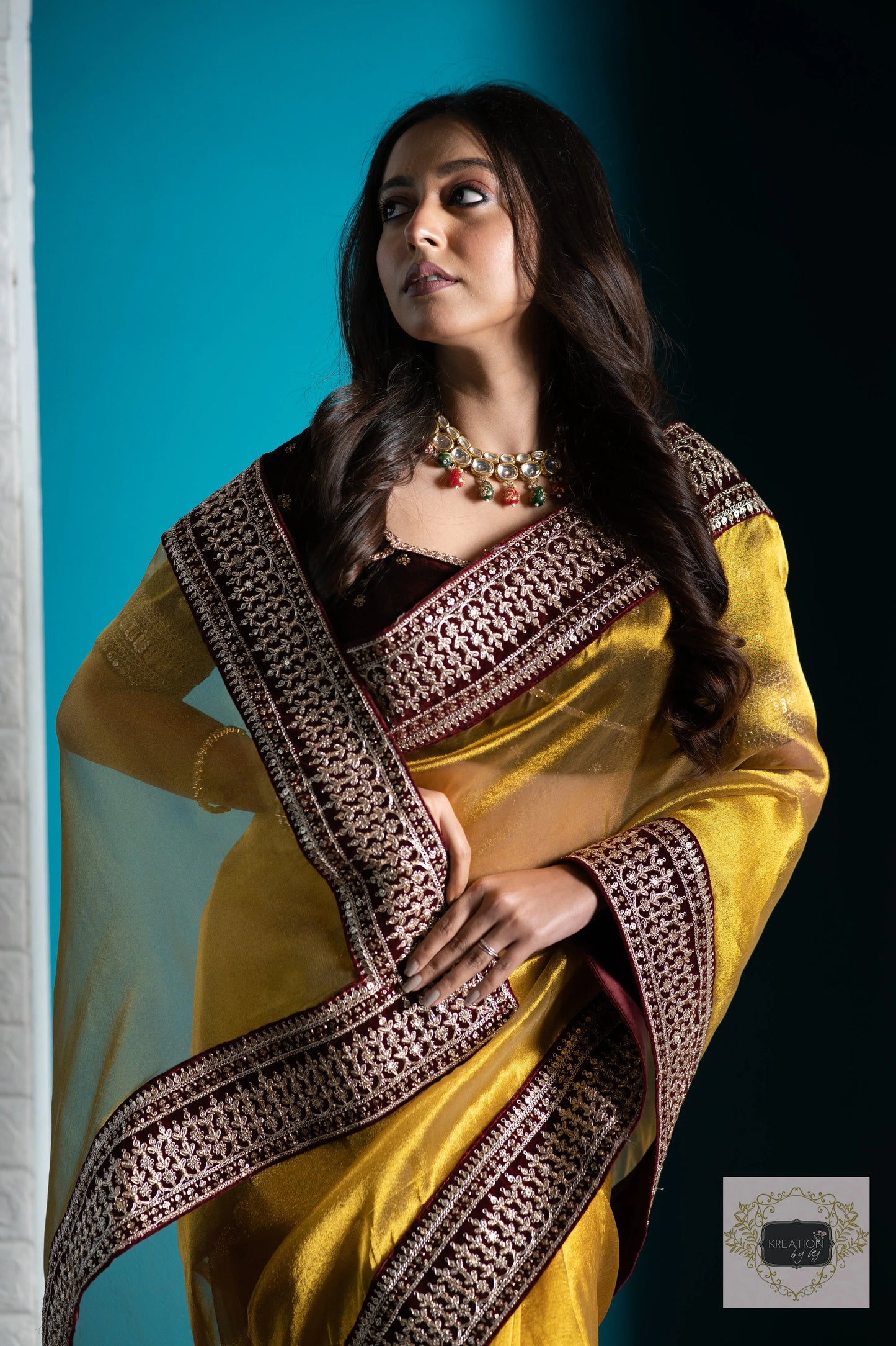 Golden Zari Tissue Saree with Maroon Border kreationbykj