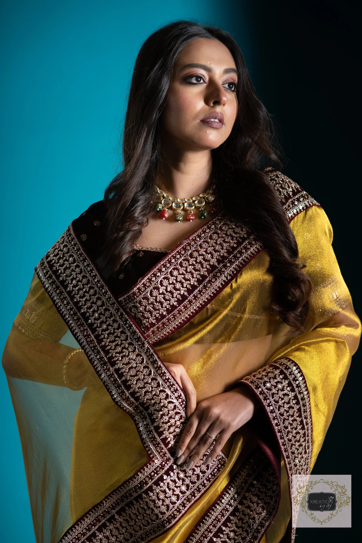 Golden Zari Tissue Saree with Maroon Border kreationbykj