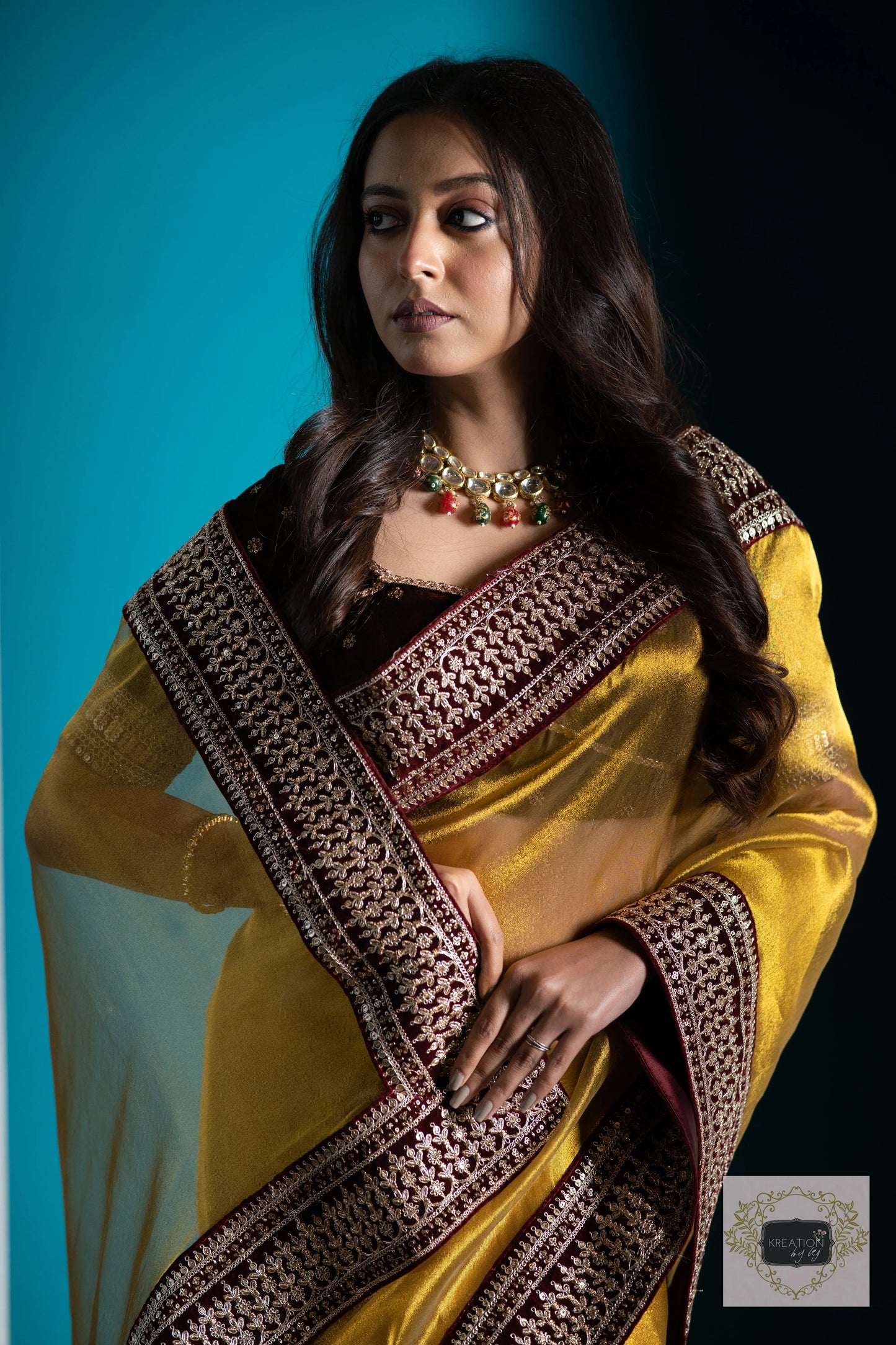 Golden Zari Tissue Saree with Maroon Border kreationbykj