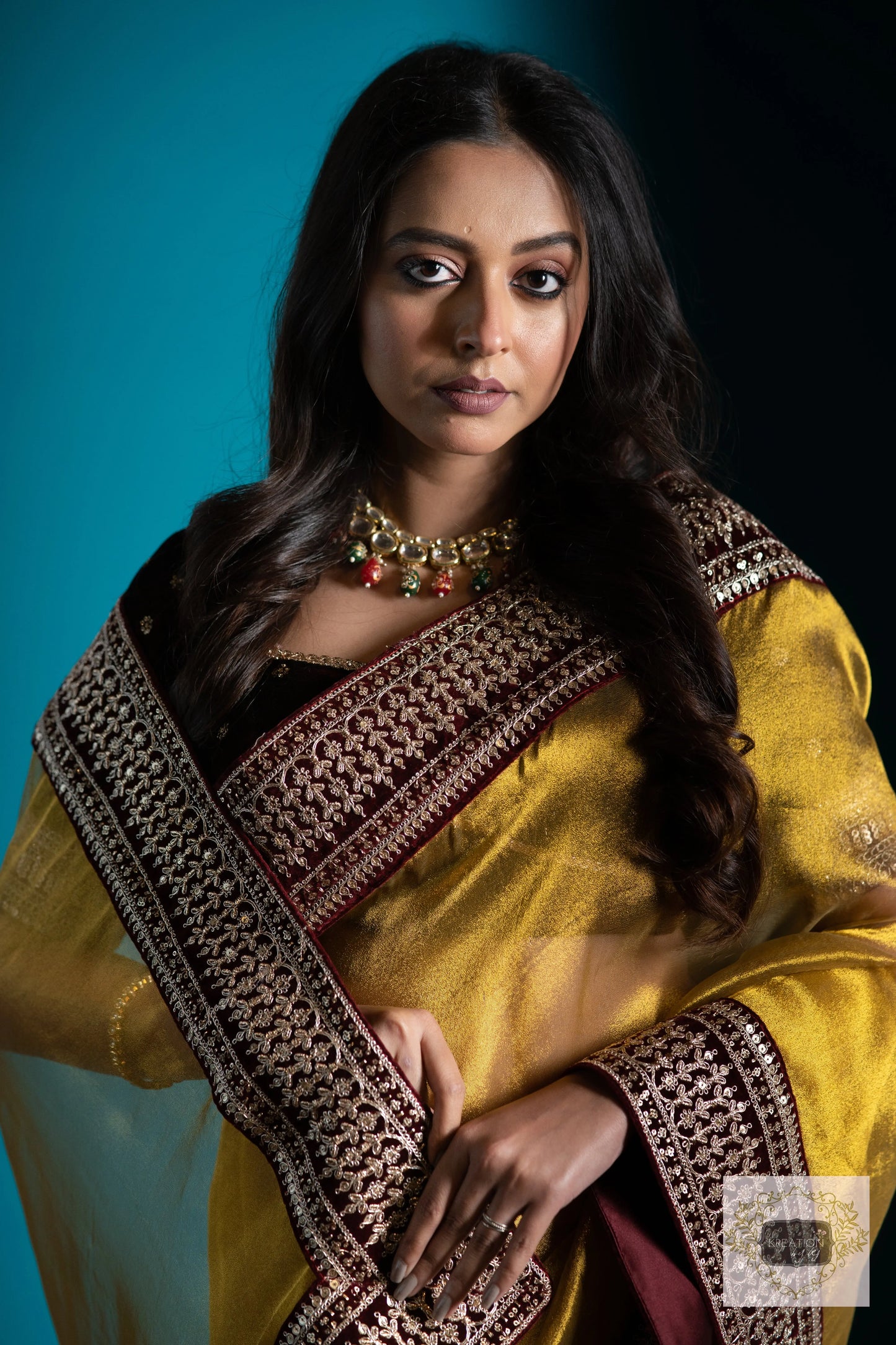 Golden Zari Tissue Saree with Maroon Border kreationbykj