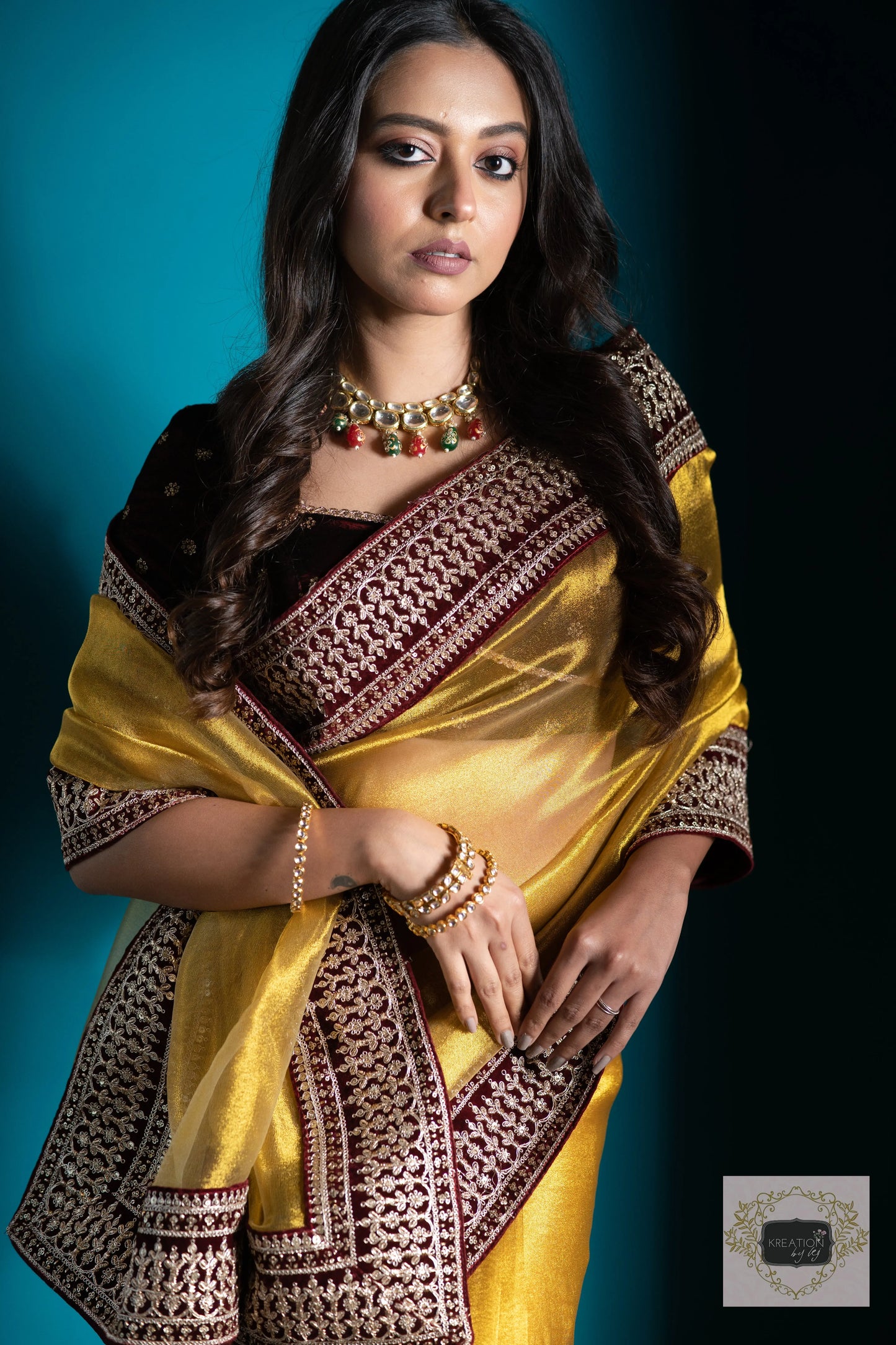 Golden Zari Tissue Saree with Maroon Border kreationbykj