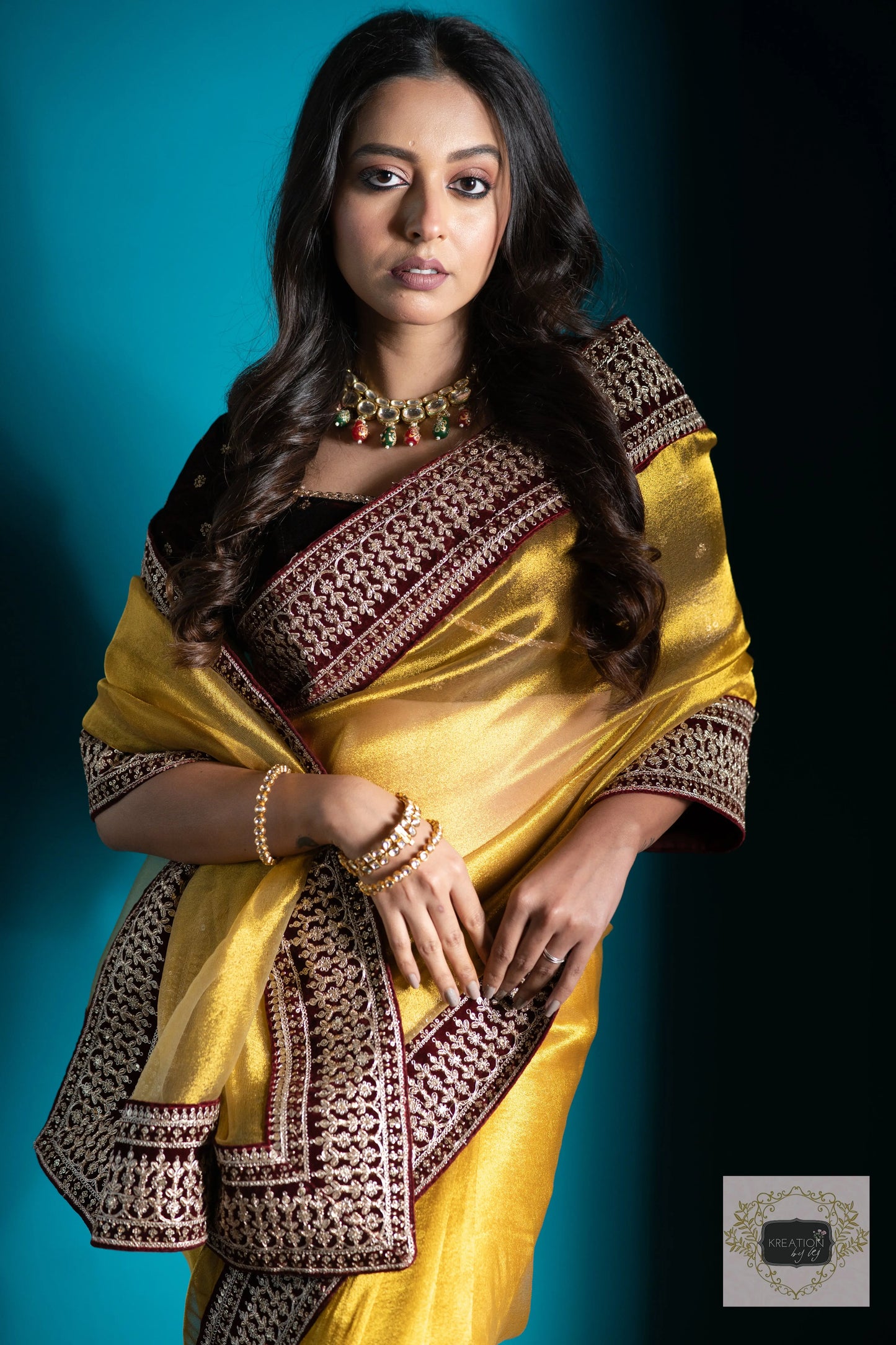 Golden Zari Tissue Saree with Maroon Border kreationbykj