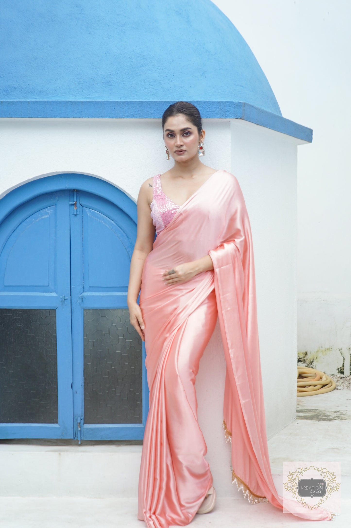 Blush Pink Satin Silk Saree
