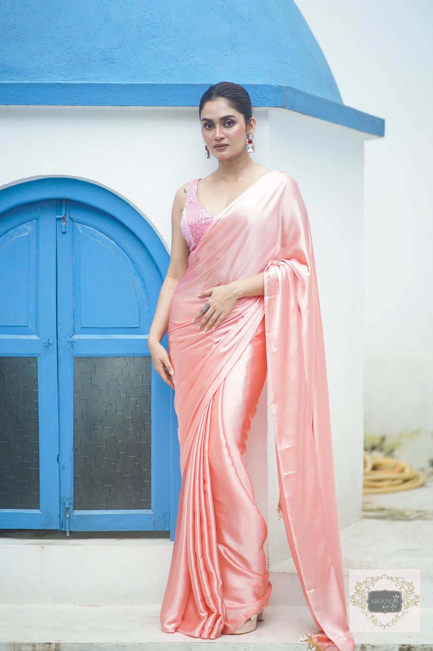 Blush Pink Satin Silk Saree