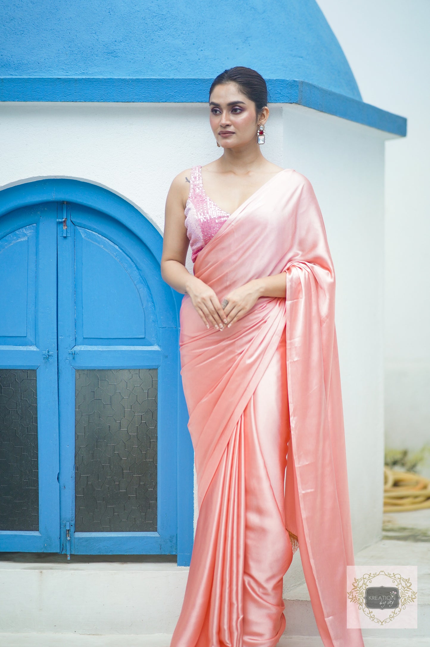 Blush Pink Satin Silk Saree