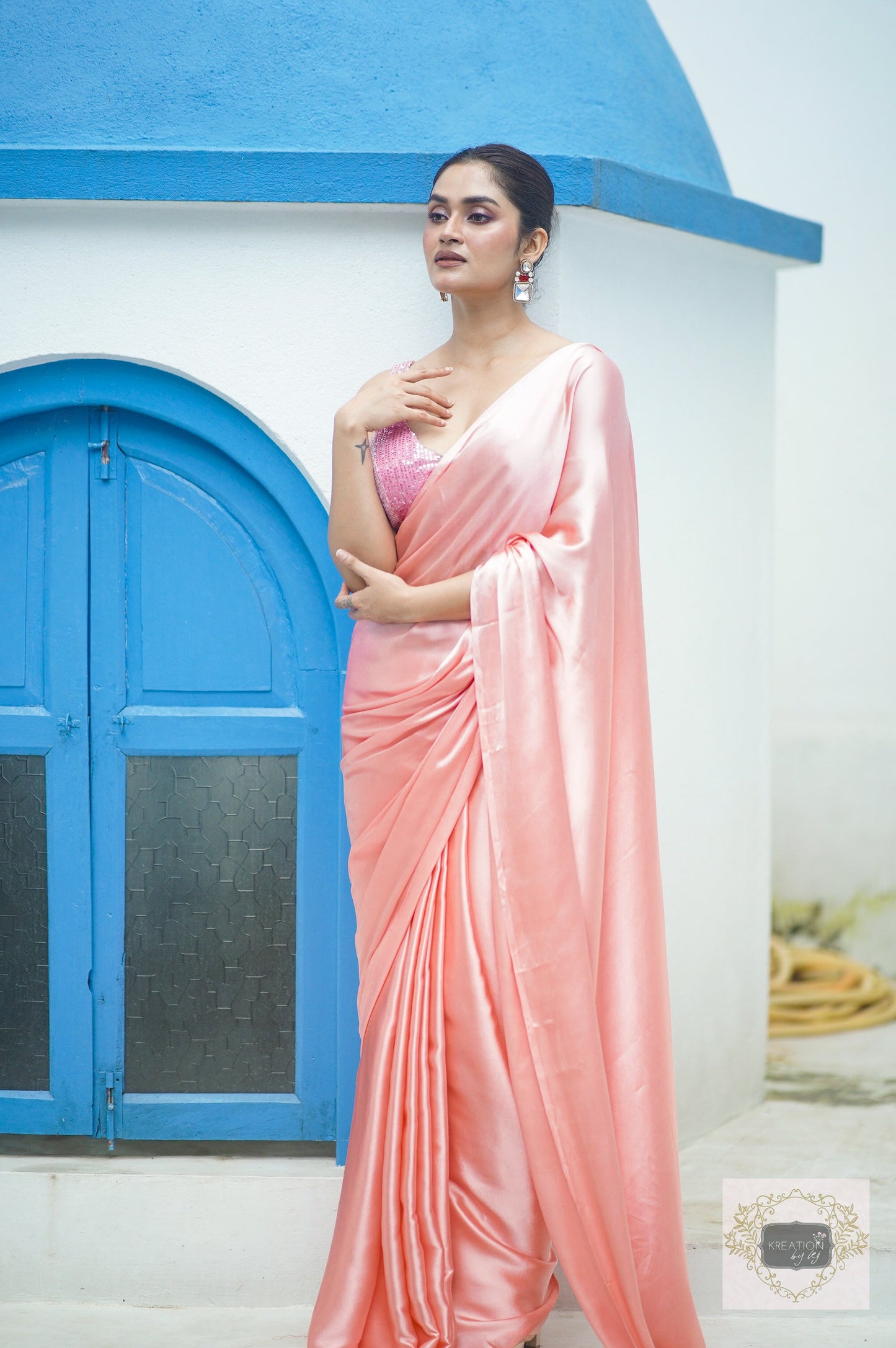 Blush Pink Satin Silk Saree kreationbykj