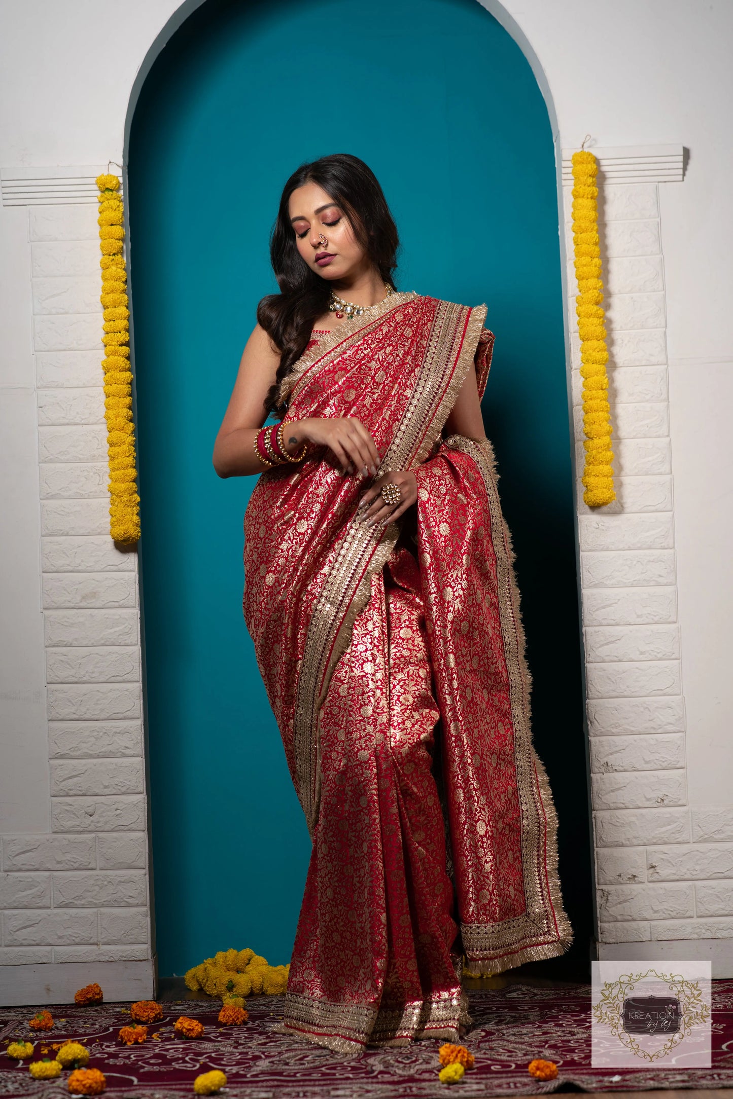 Red Kudmayi Brocade Banarasi Saree for Wedding & Reception kreationbykj