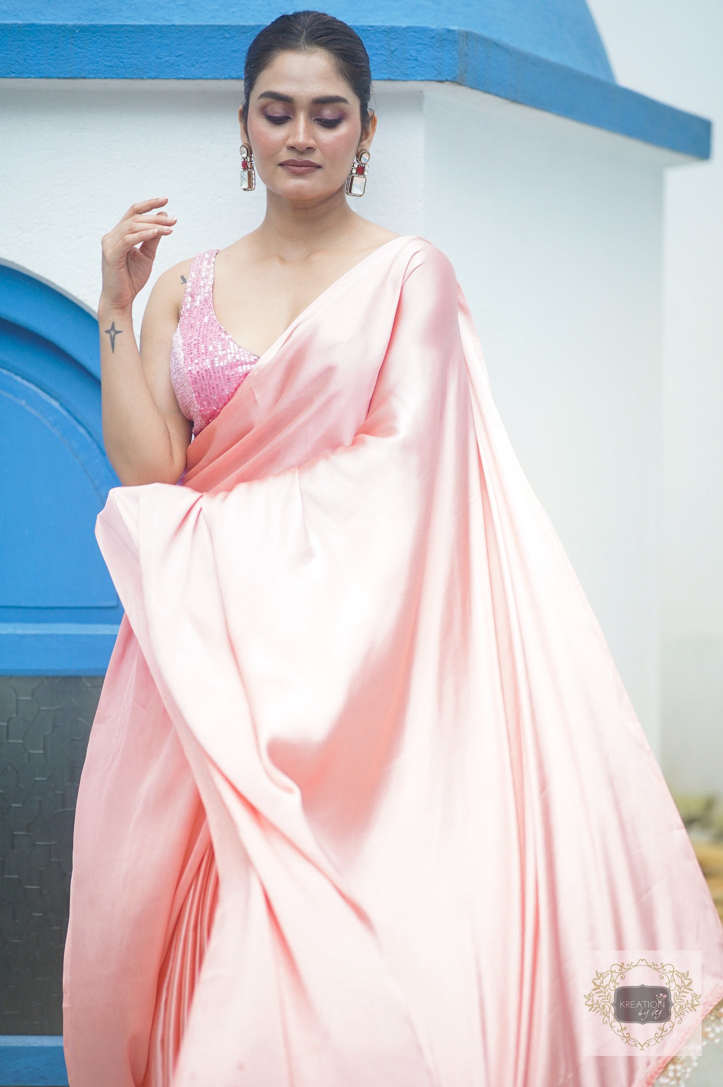 Blush Pink Satin Silk Saree
