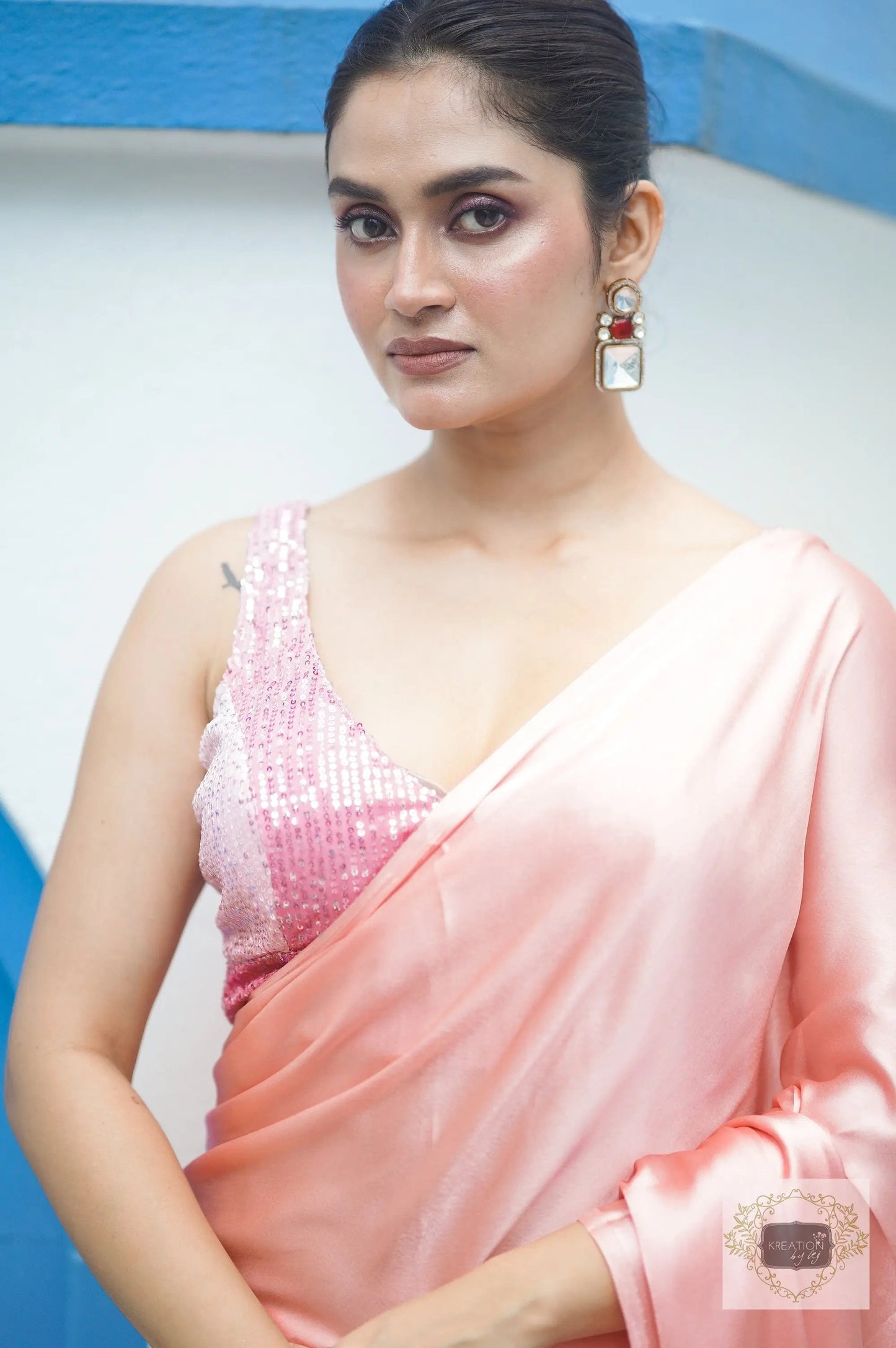 Blush Pink Satin Silk Saree kreationbykj