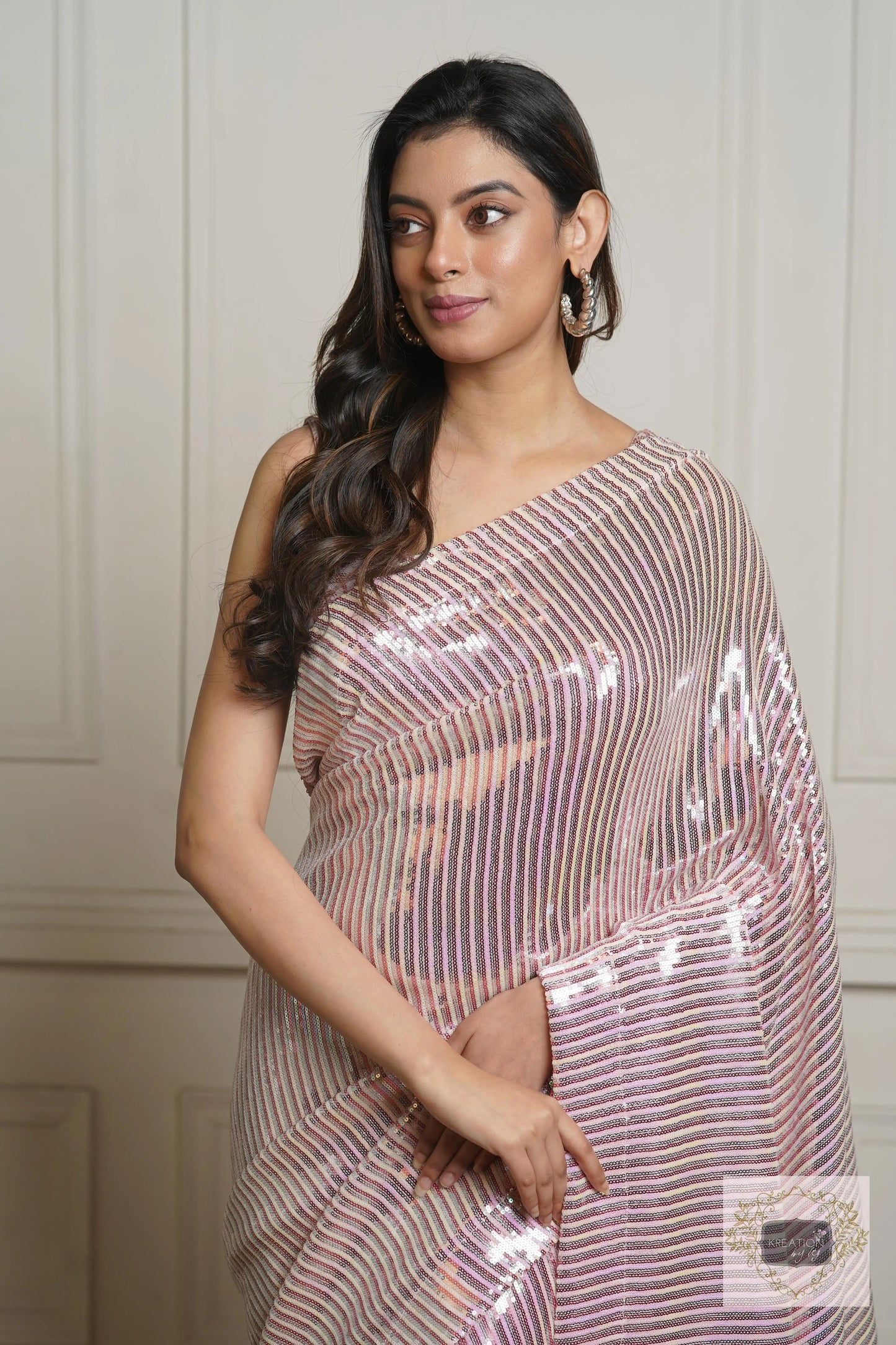 Rose Gold Dazzle Sequin Half Cocktail Saree kreationbykj