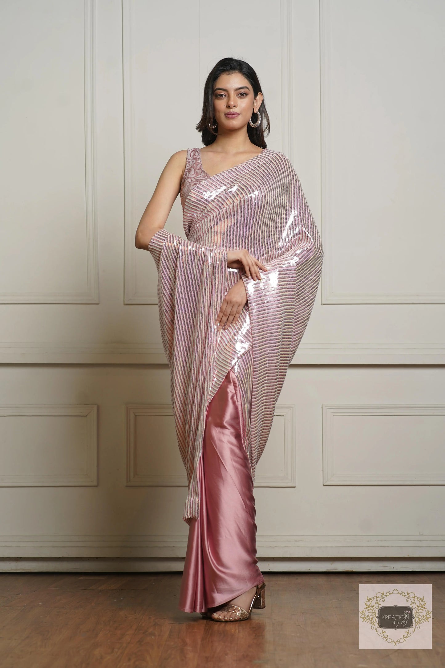 Rose Gold Dazzle Sequin Half Cocktail Saree kreationbykj
