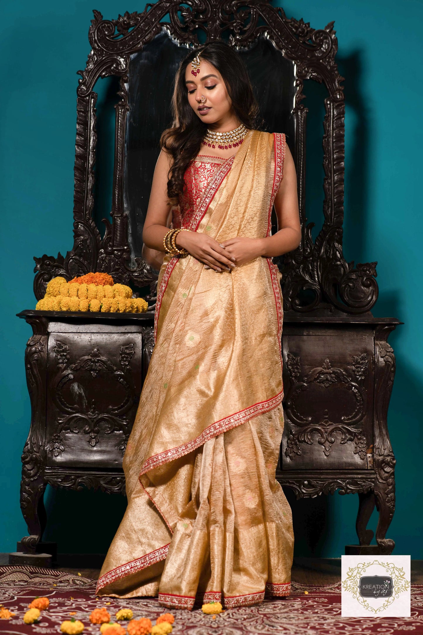 Beige Pure Banarasi Tissue Saree kreationbykj