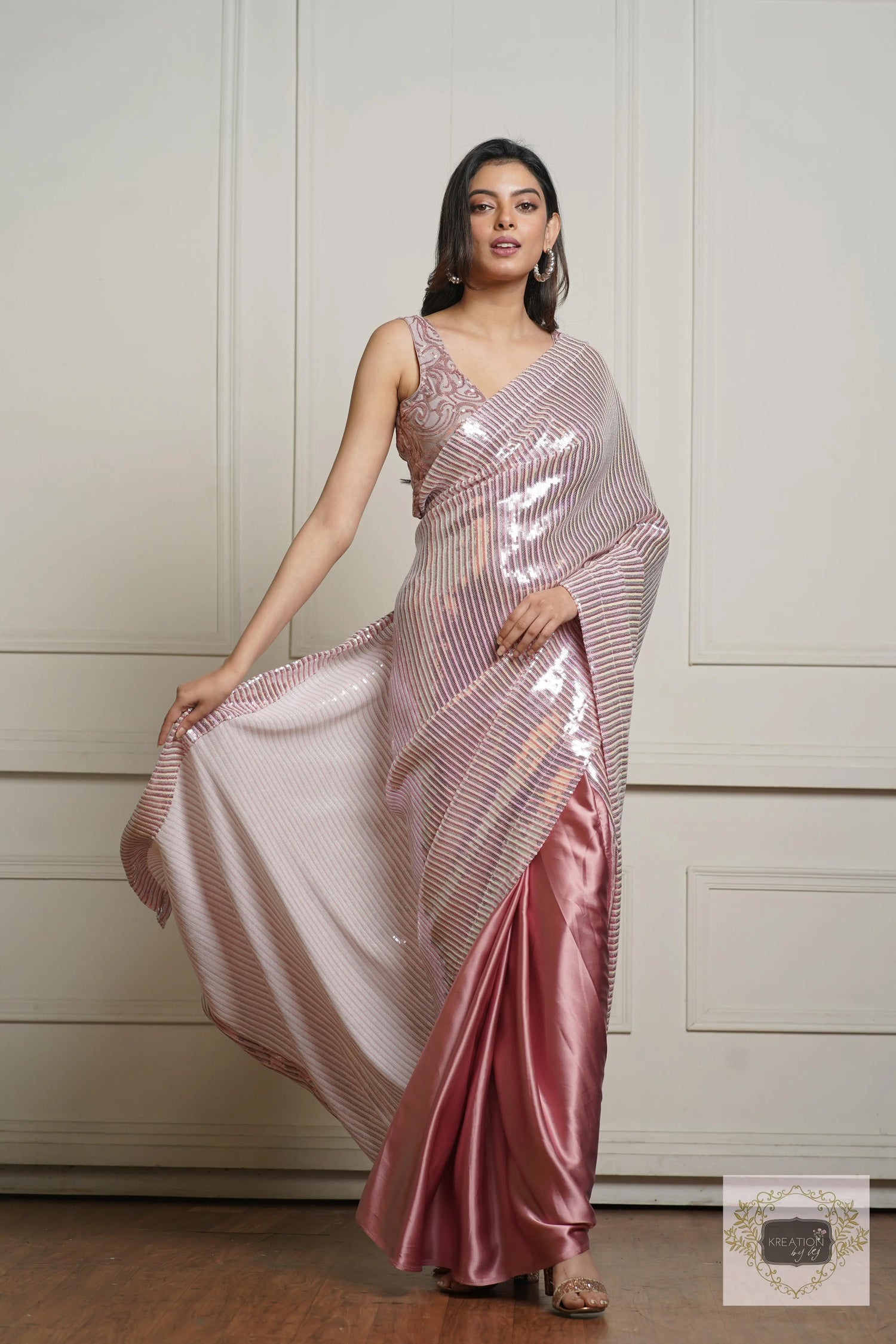 Rose Gold Dazzle Sequin Half Cocktail Saree kreationbykj