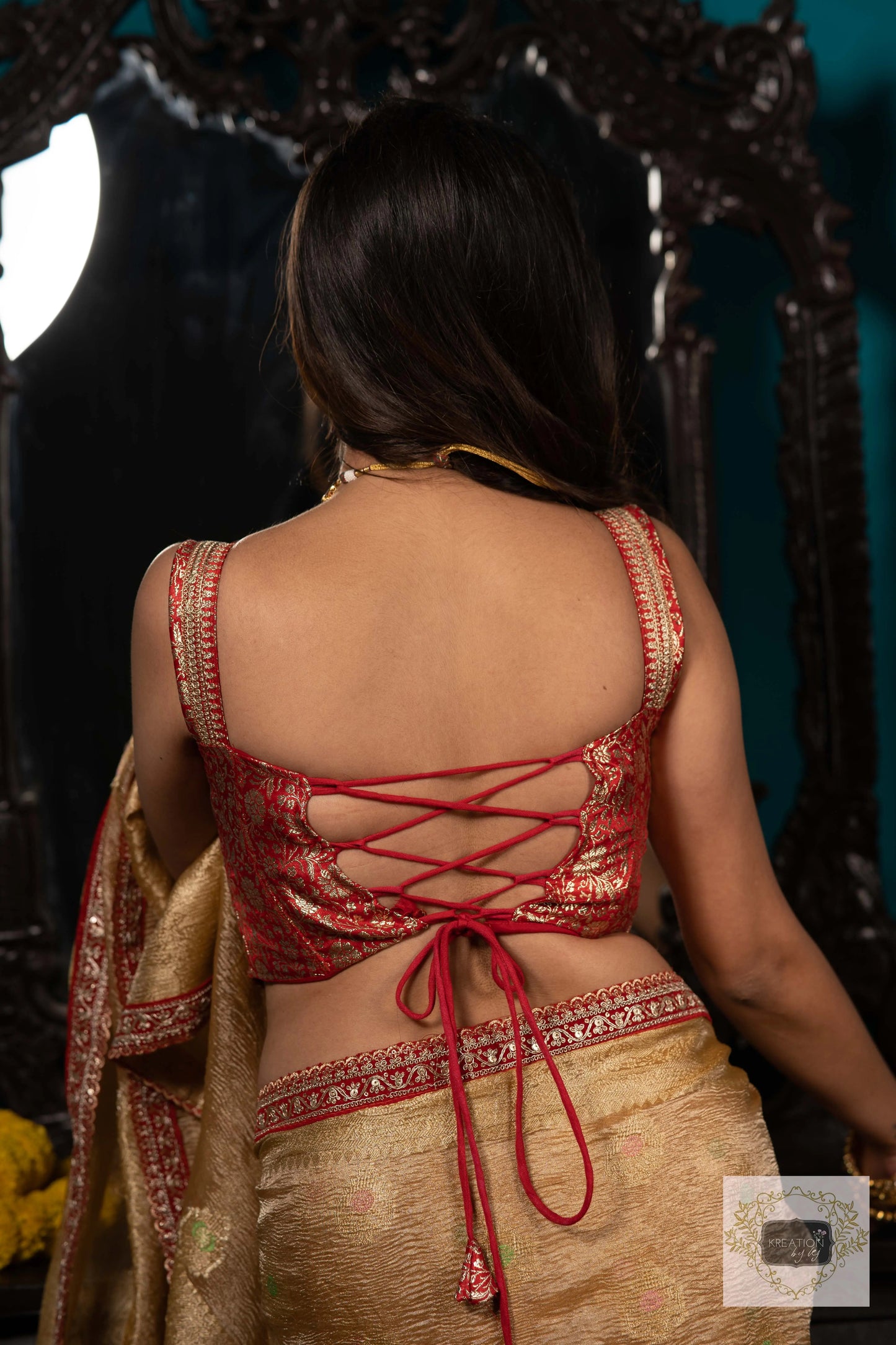 Red Brocade Banarasi Strappy Corset kreationbykj