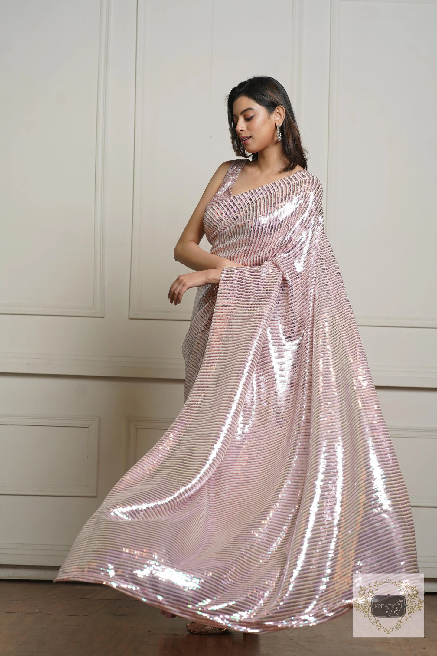 Rose Gold Dazzle Sequin Half Cocktail Saree kreationbykj