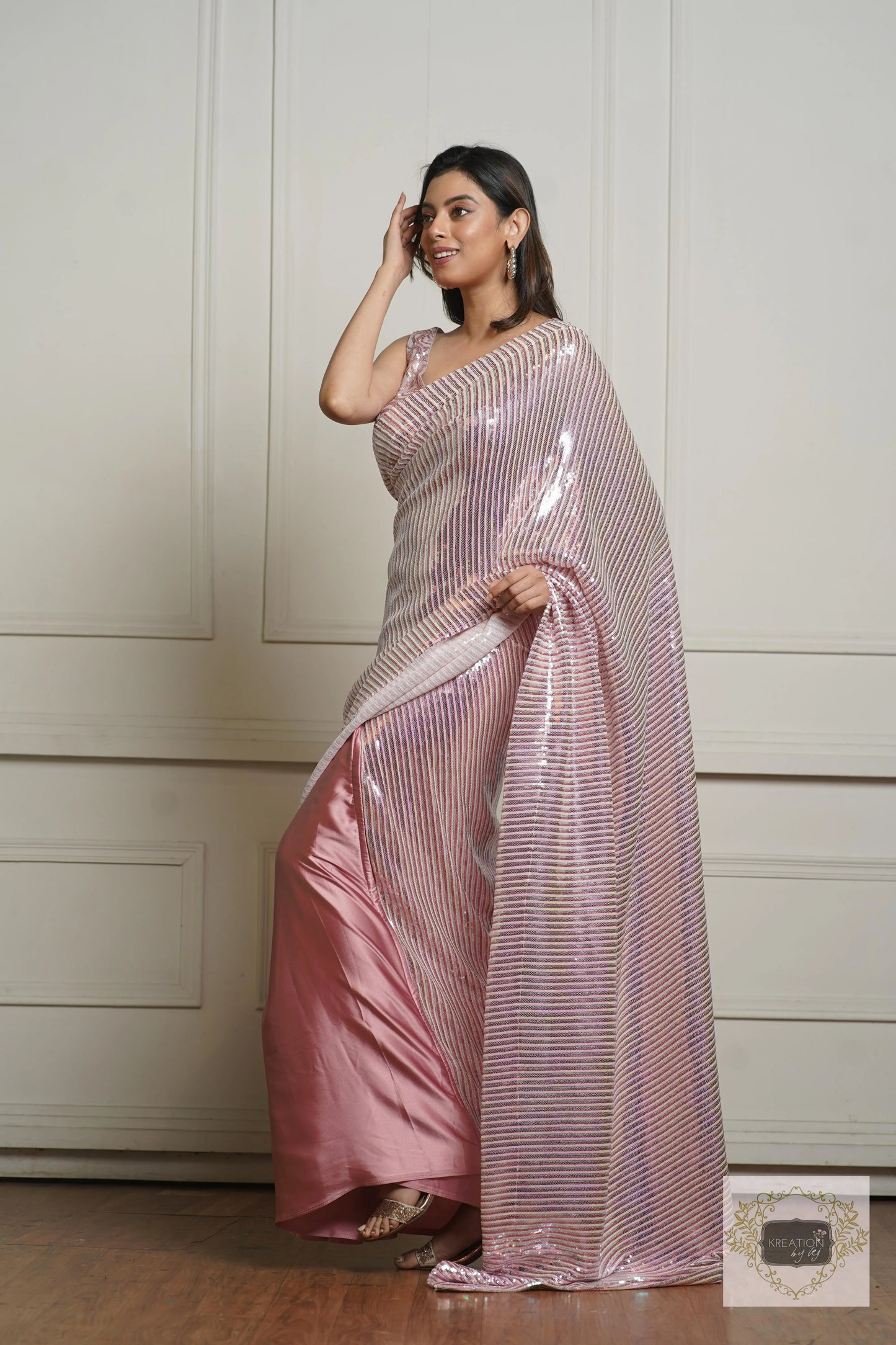 Rose Gold Dazzle Sequin Half Cocktail Saree kreationbykj