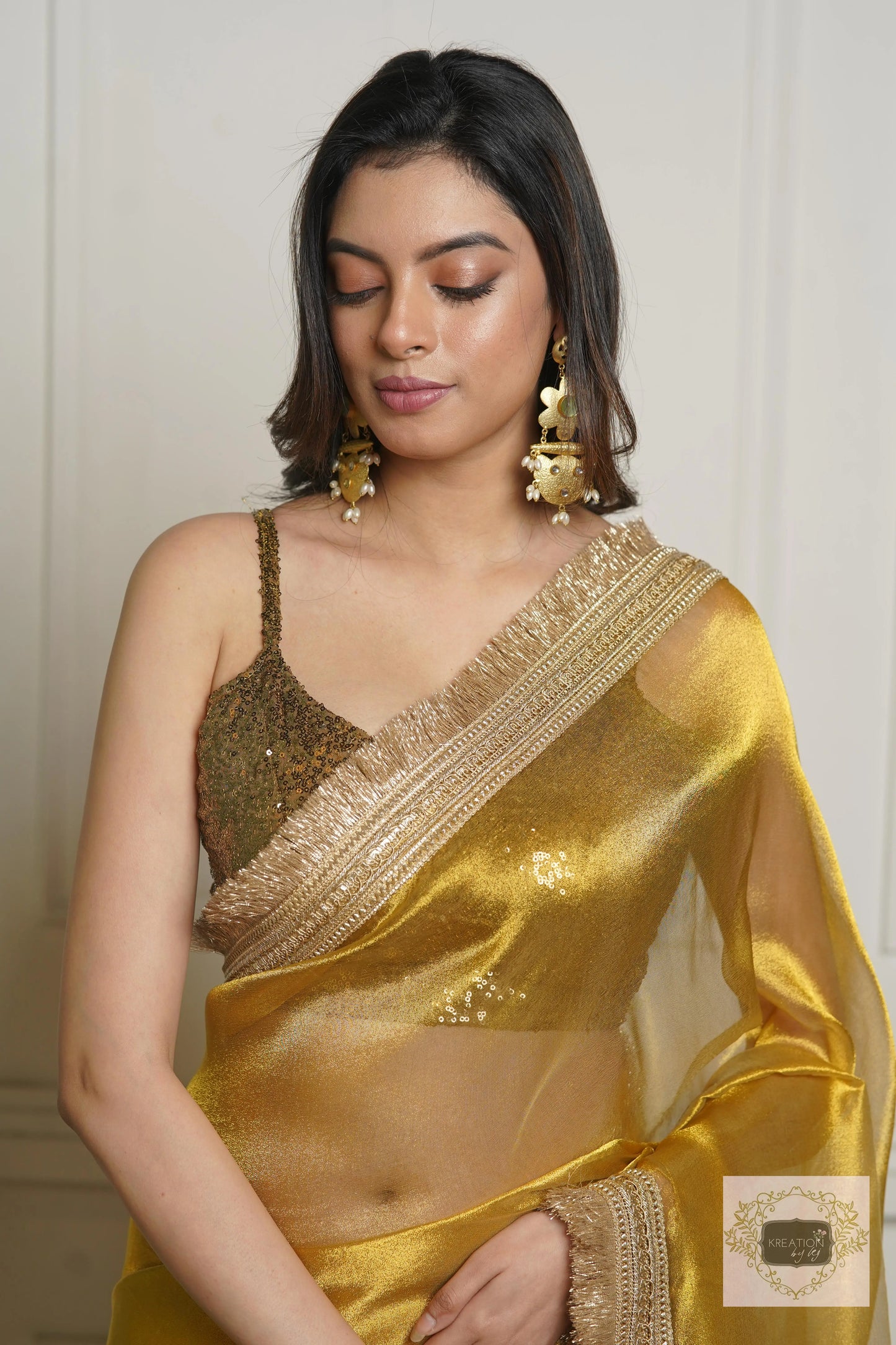 Golden Yellow Zari Tissue Banno Saree for Wedding kreationbykj