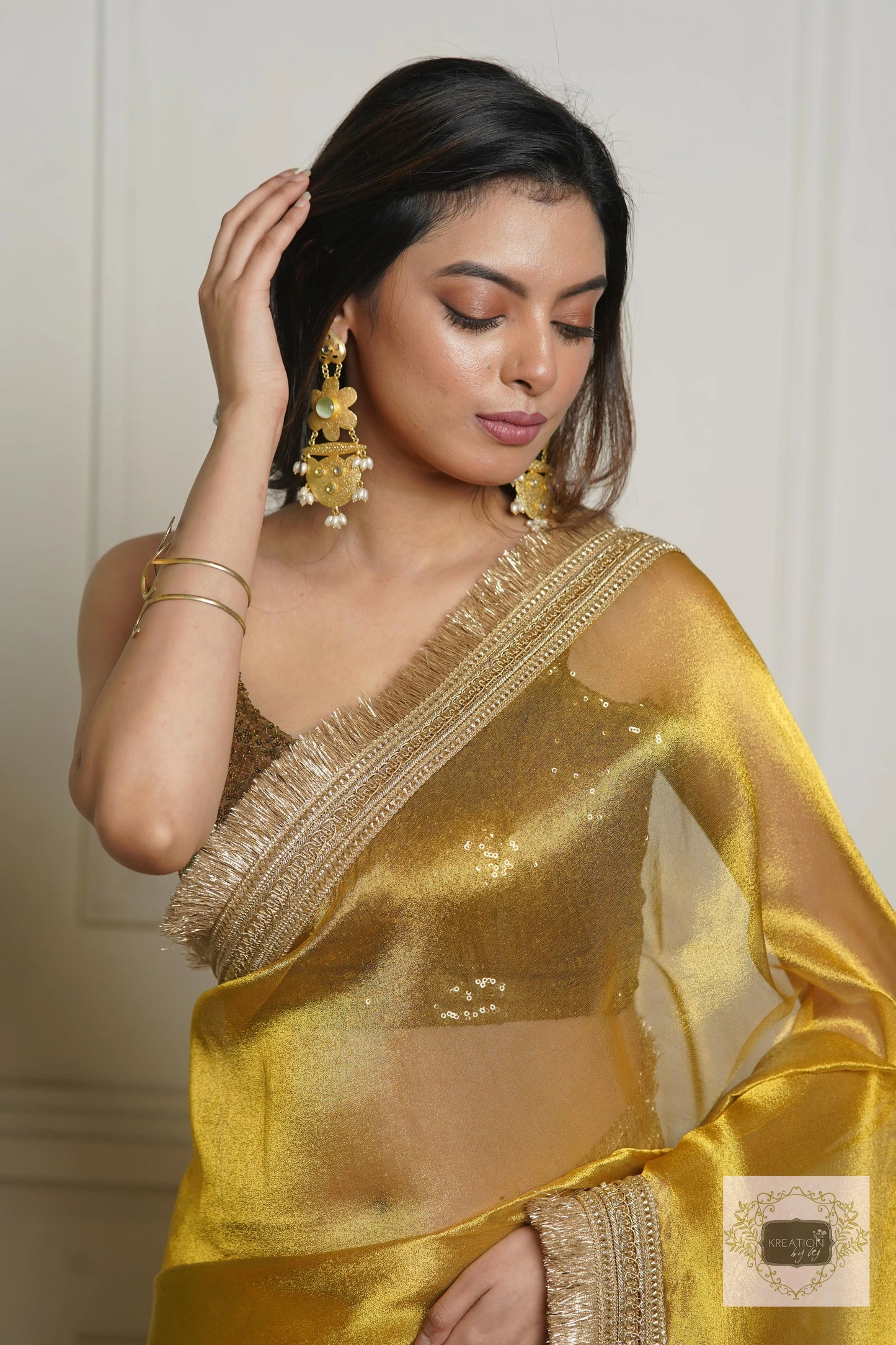 Golden Yellow Zari Tissue Banno Saree for Wedding kreationbykj