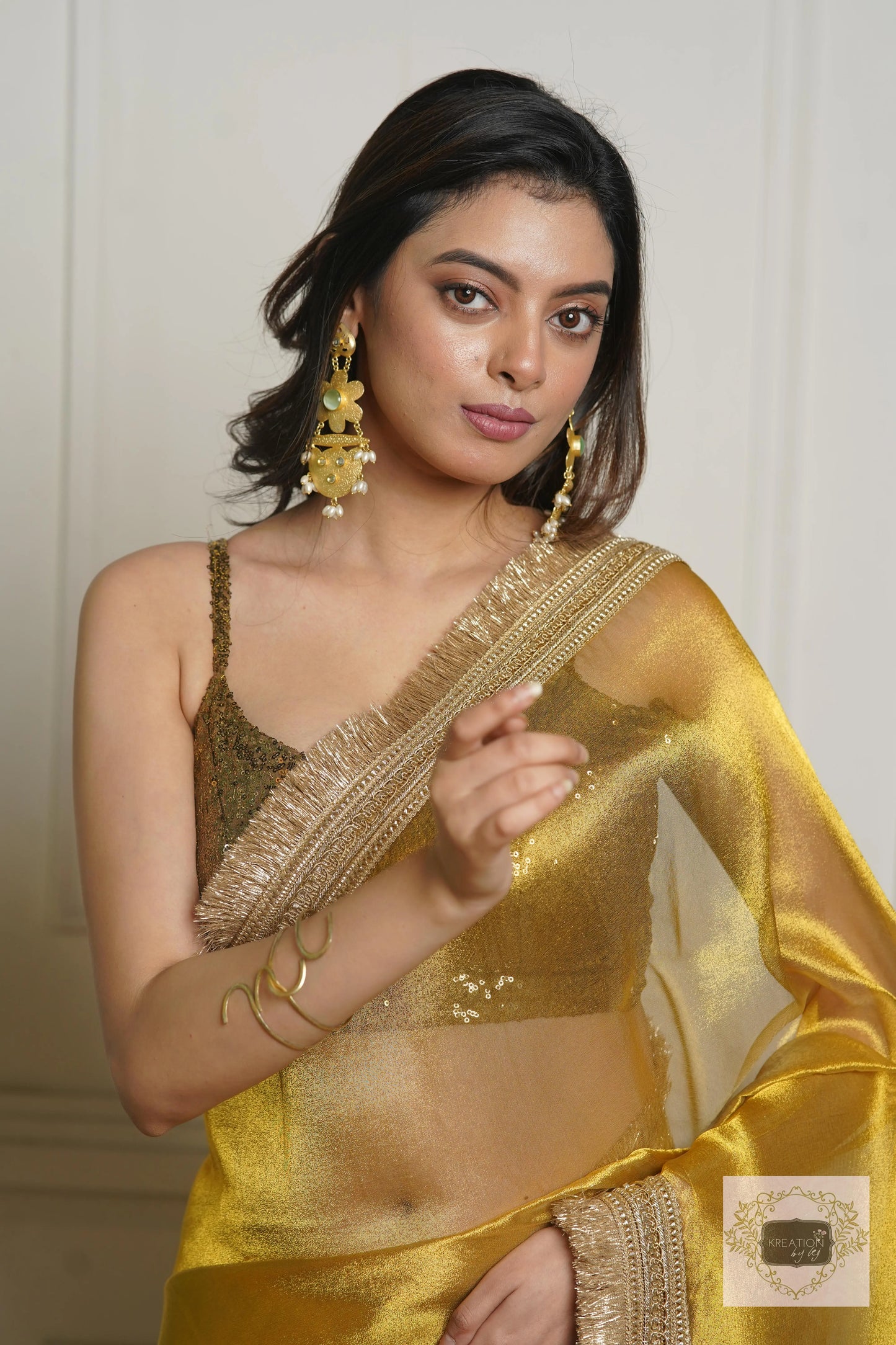 Golden Yellow Zari Tissue Banno Saree for Wedding kreationbykj
