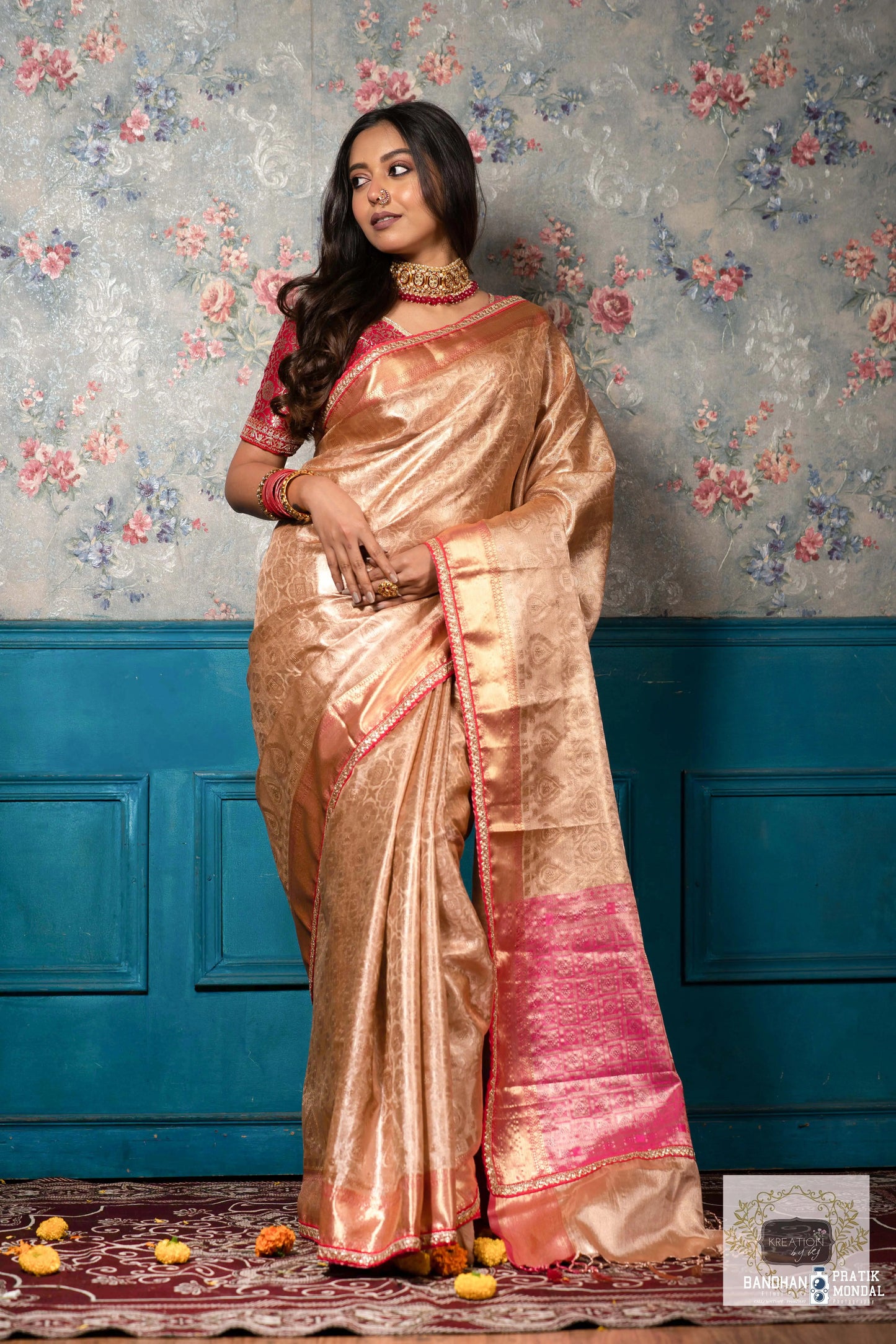 Gold and Pink Tissue Banarasi Saree kreationbykj