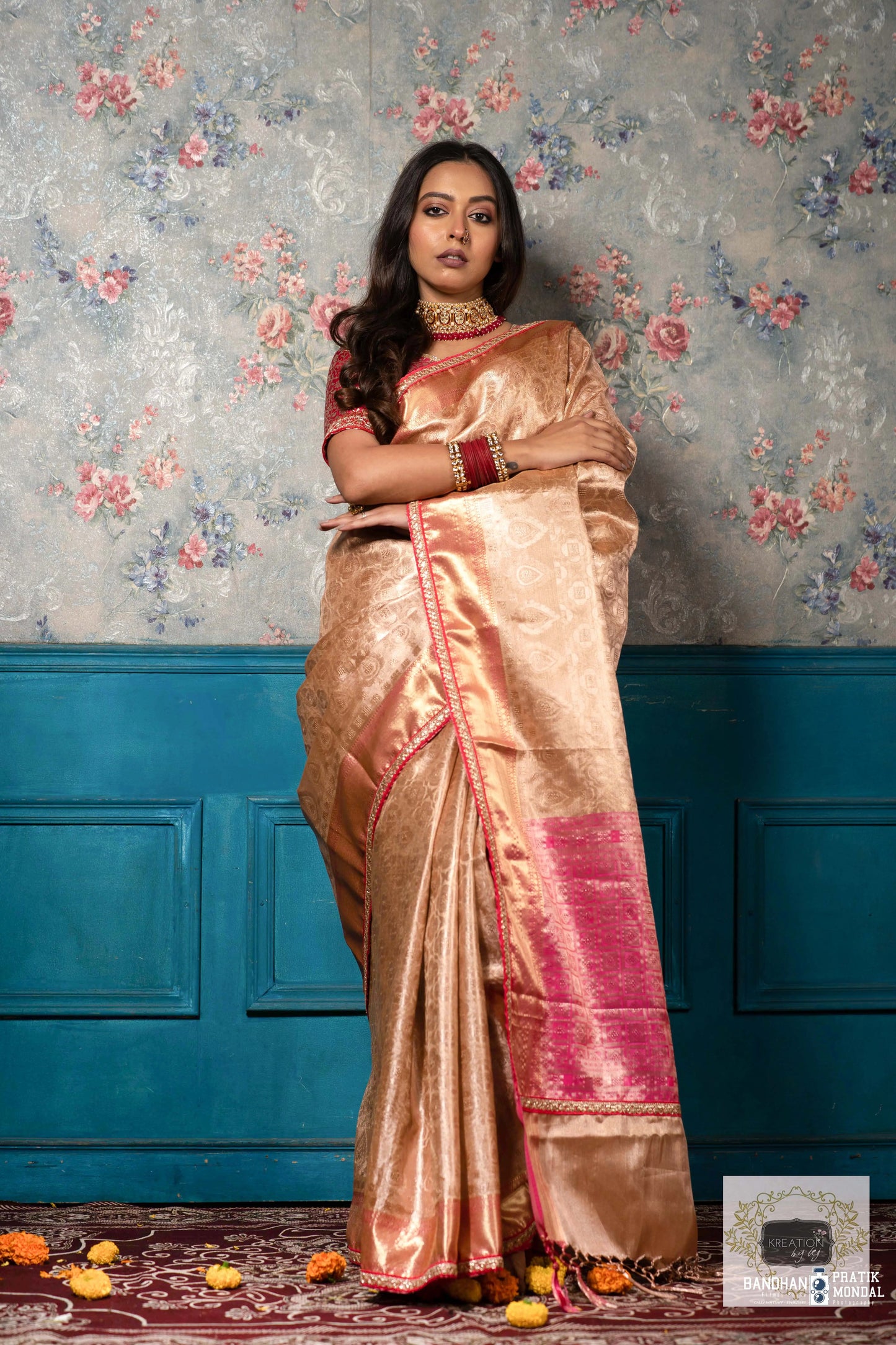 Gold and Pink Tissue Banarasi Saree kreationbykj