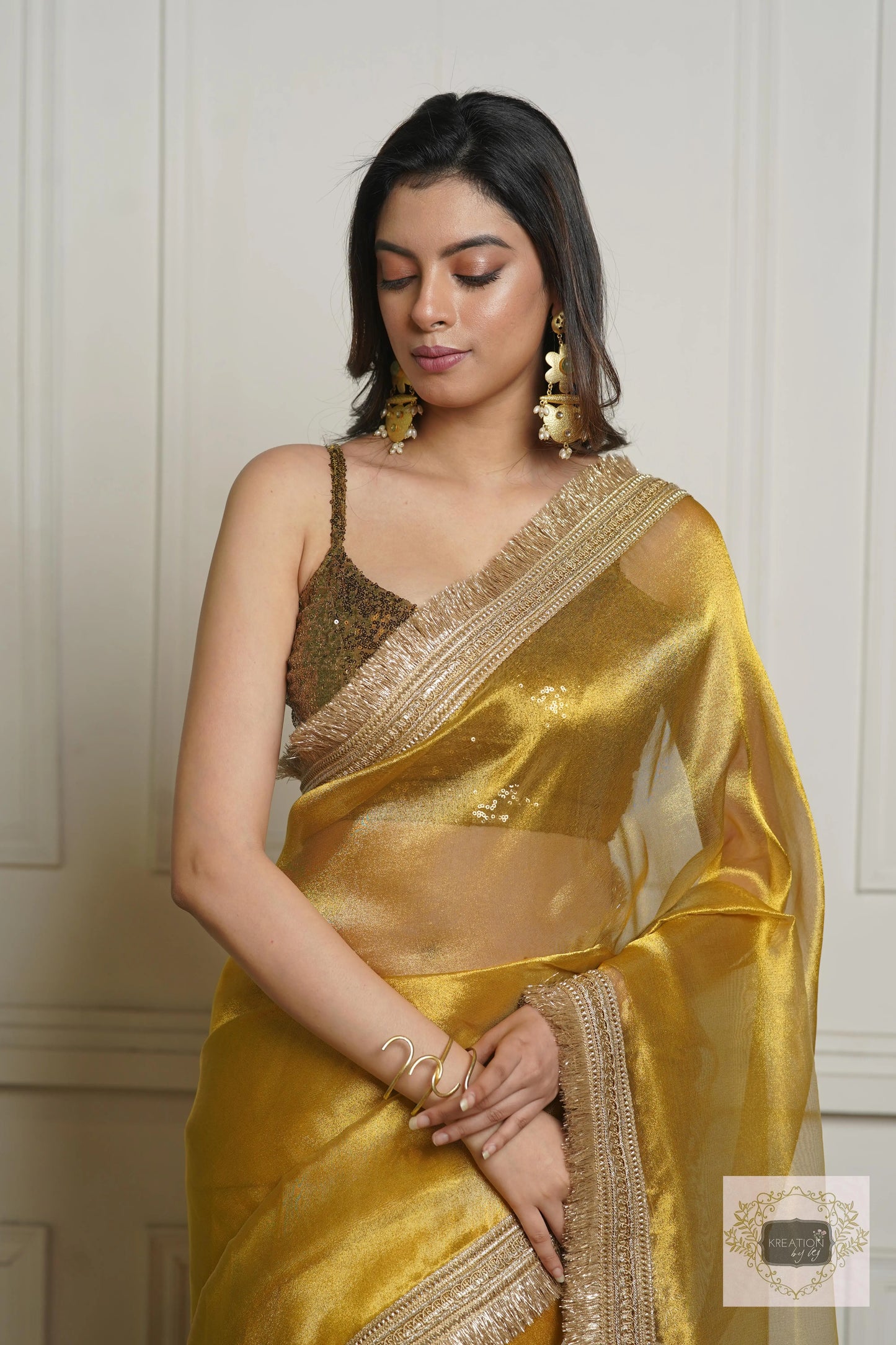 Golden Yellow Zari Tissue Banno Saree for Wedding kreationbykj