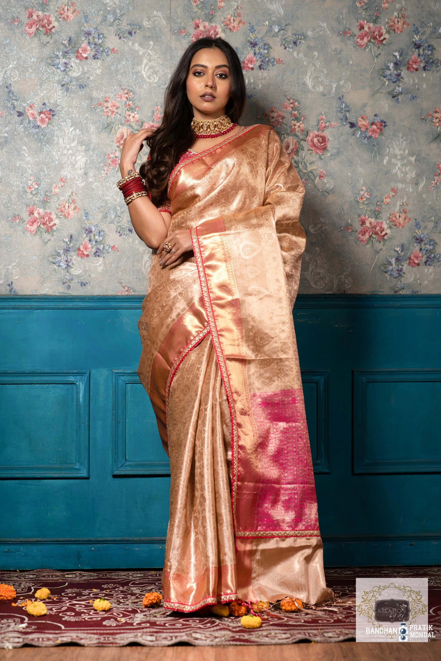 Gold and Pink Tissue Banarasi Saree kreationbykj