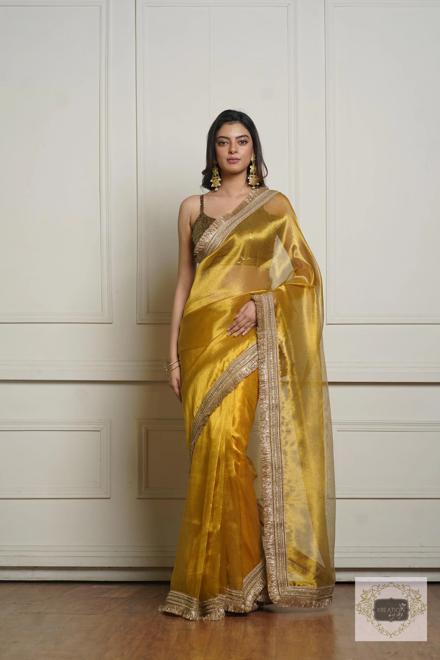 Golden Yellow Zari Tissue Banno Saree for Wedding kreationbykj