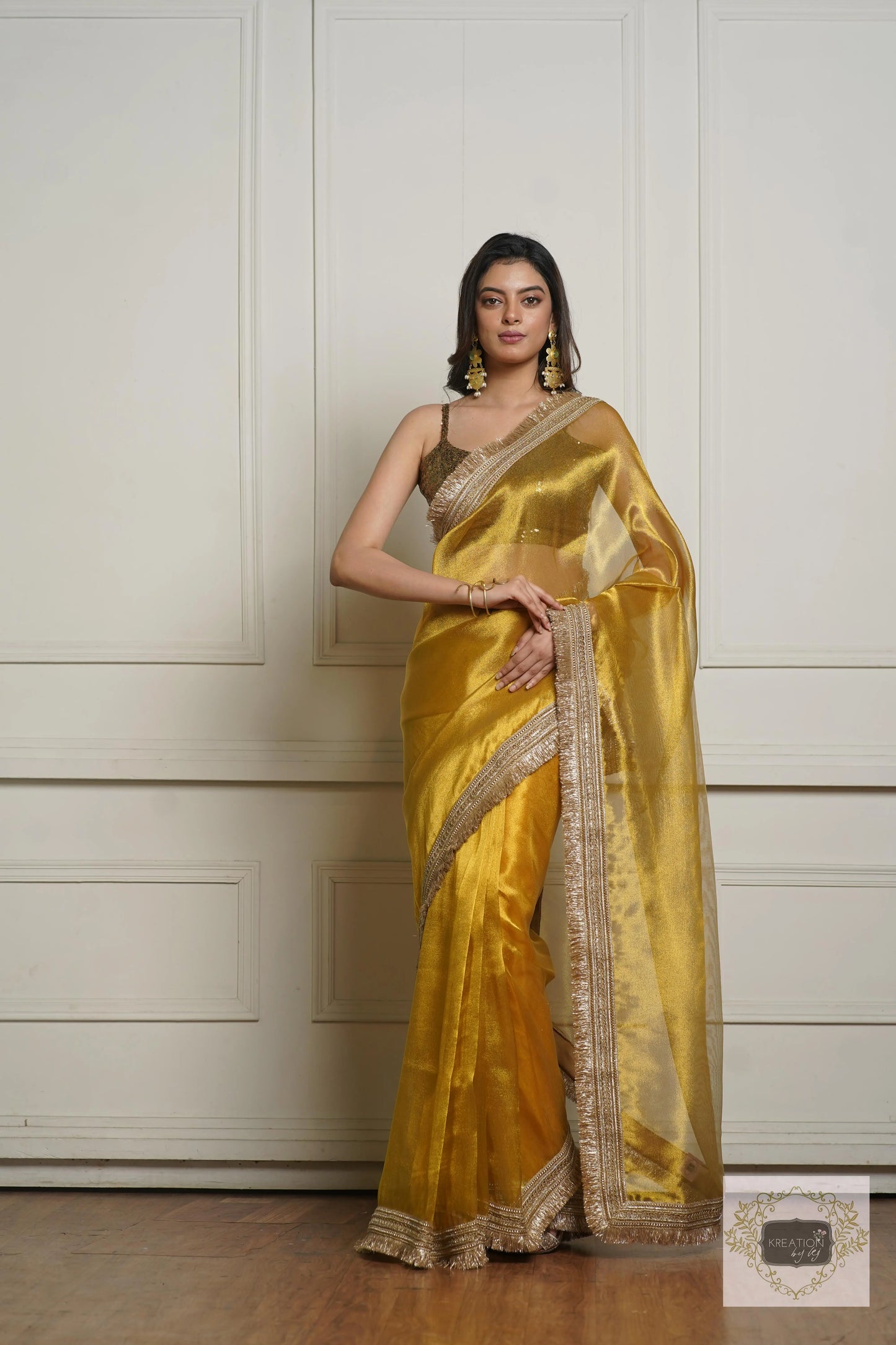 Golden Yellow Zari Tissue Banno Saree for Wedding kreationbykj