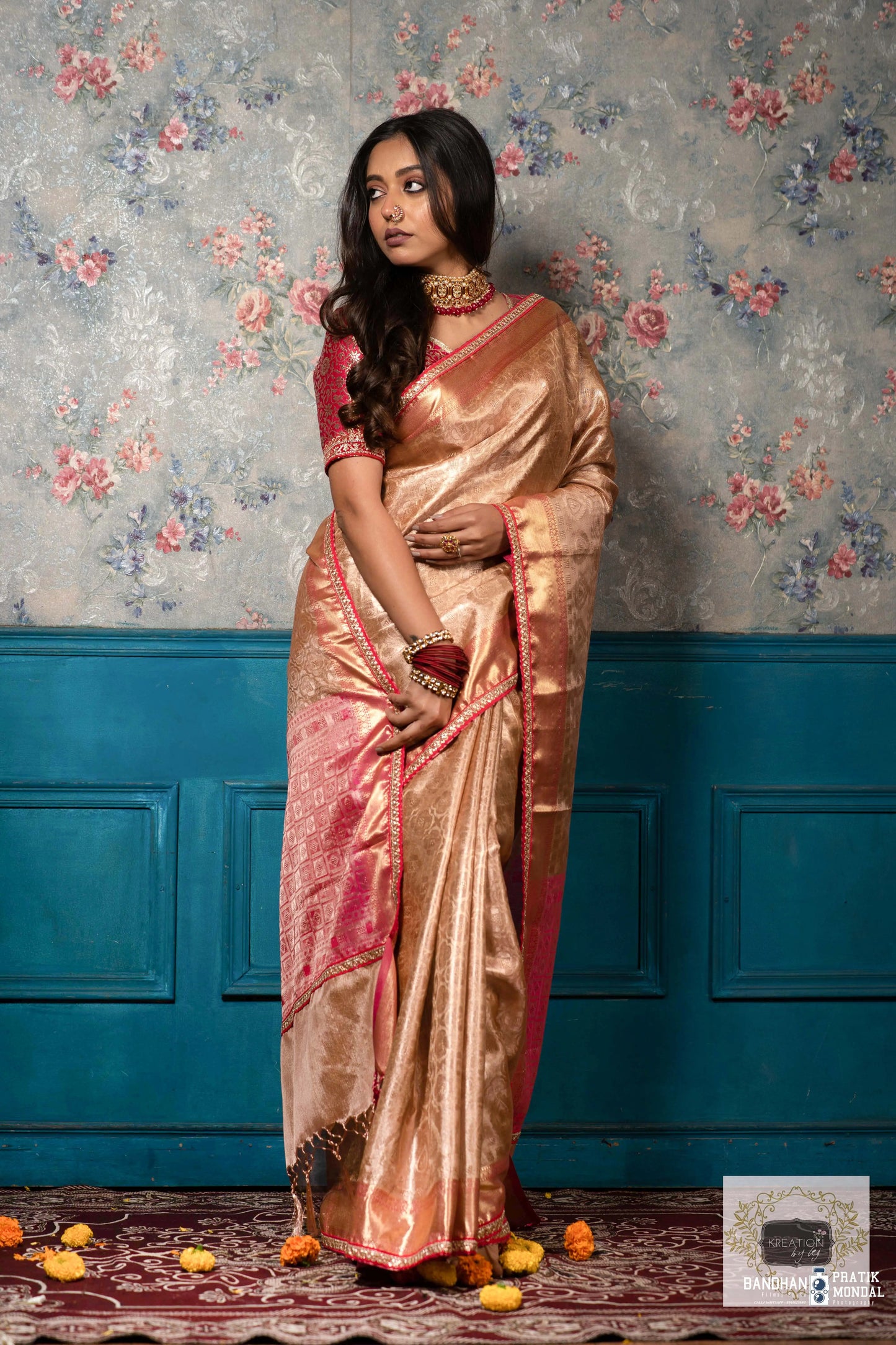 Gold and Pink Tissue Banarasi Saree kreationbykj