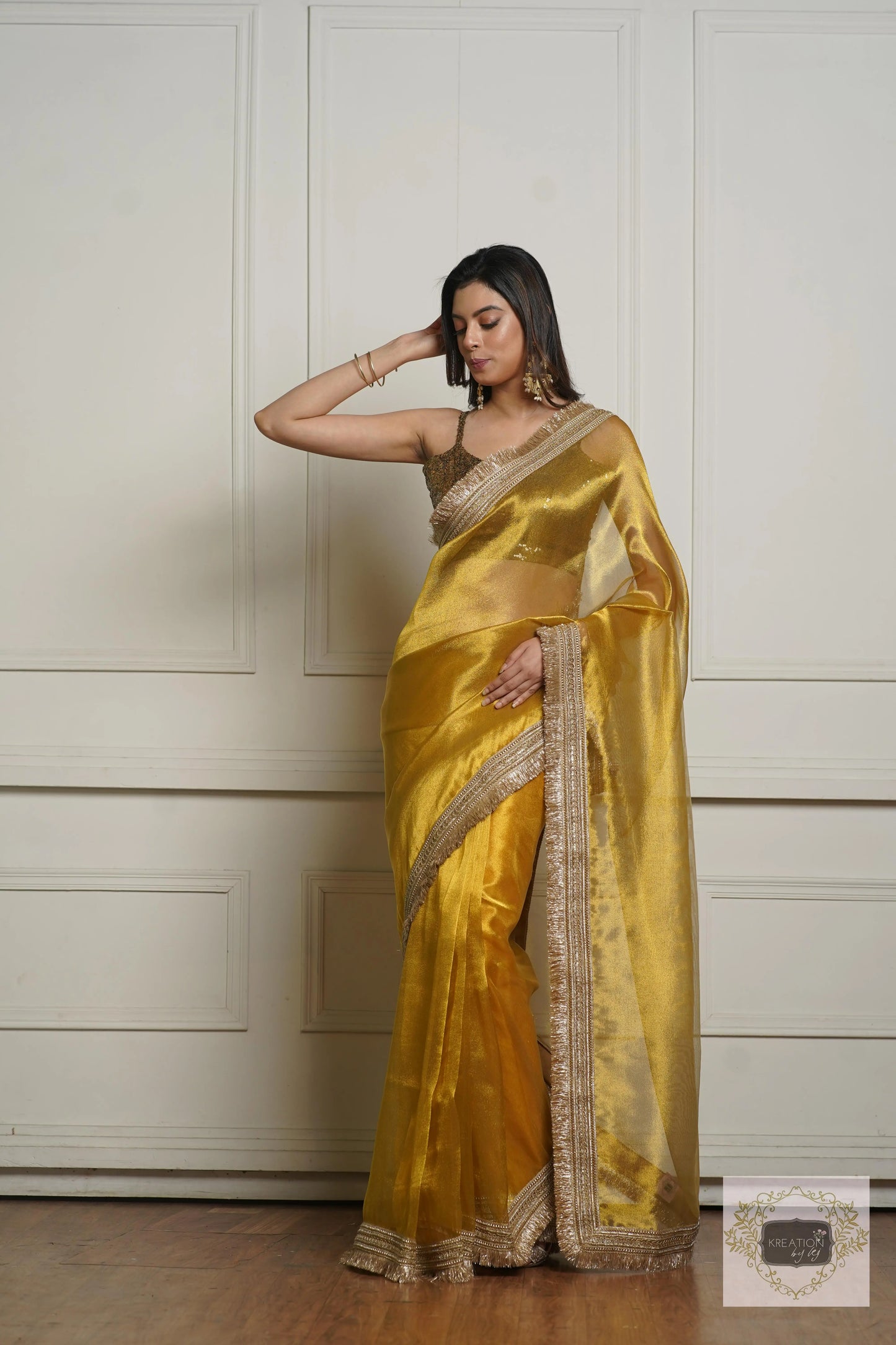 Golden Yellow Zari Tissue Banno Saree for Wedding kreationbykj