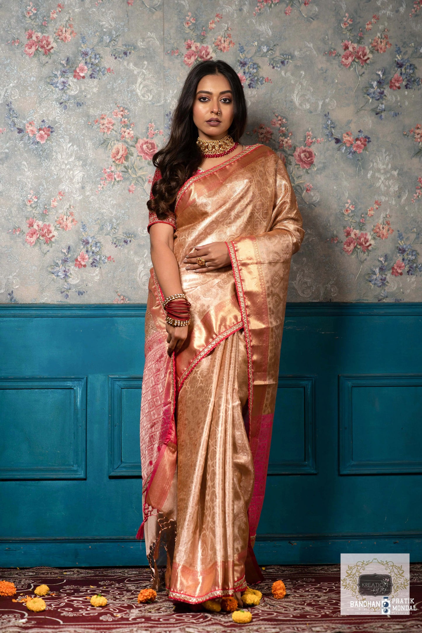 Gold and Pink Tissue Banarasi Saree kreationbykj