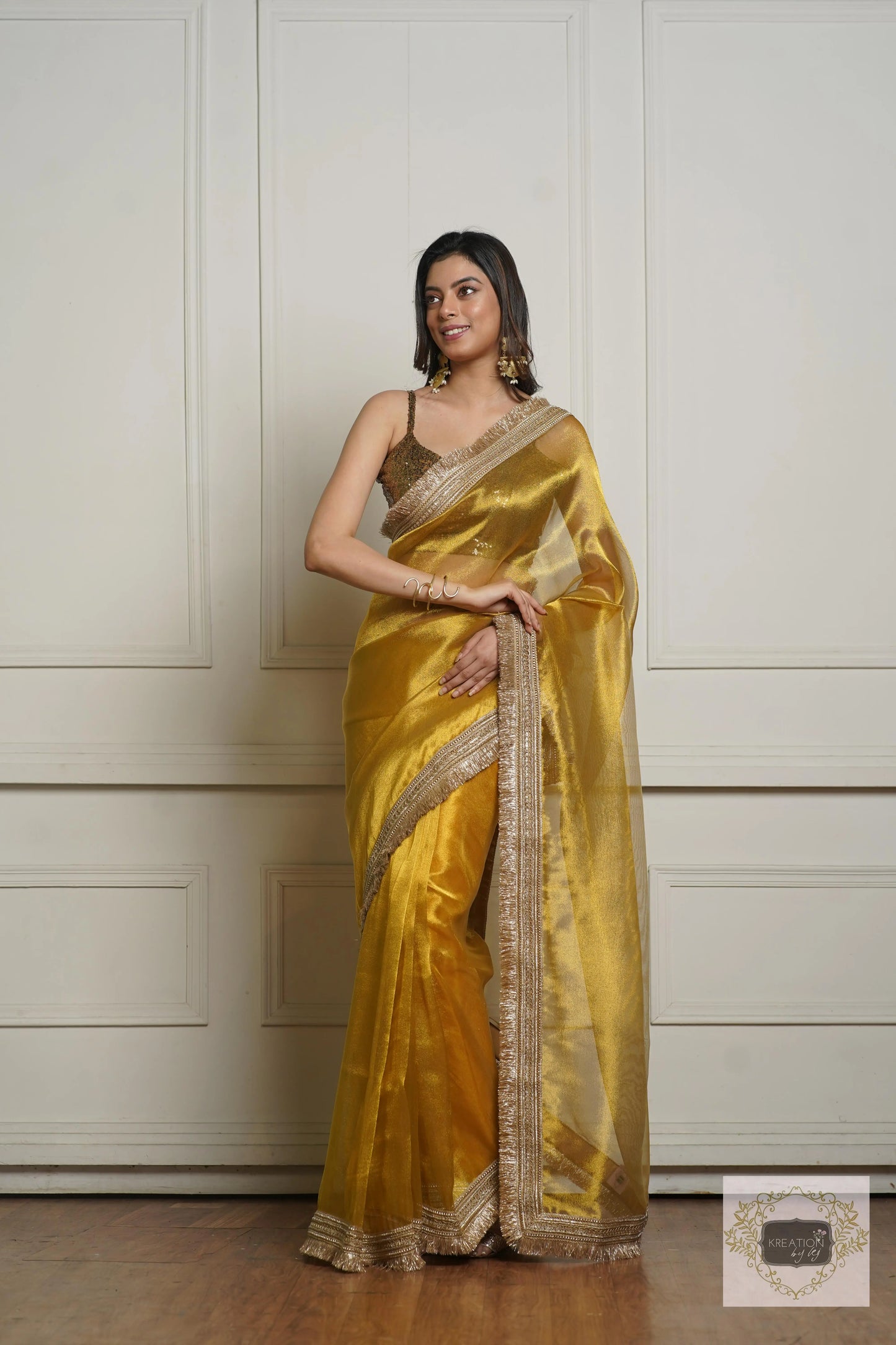 Golden Yellow Zari Tissue Banno Saree for Wedding kreationbykj