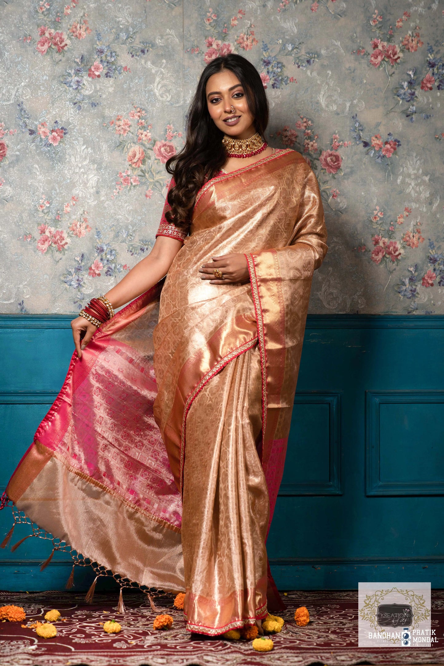 Gold and Pink Tissue Banarasi Saree kreationbykj