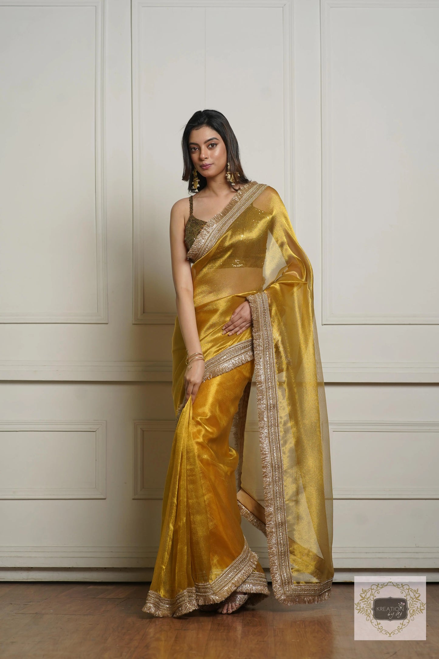 Golden Yellow Zari Tissue Banno Saree for Wedding kreationbykj