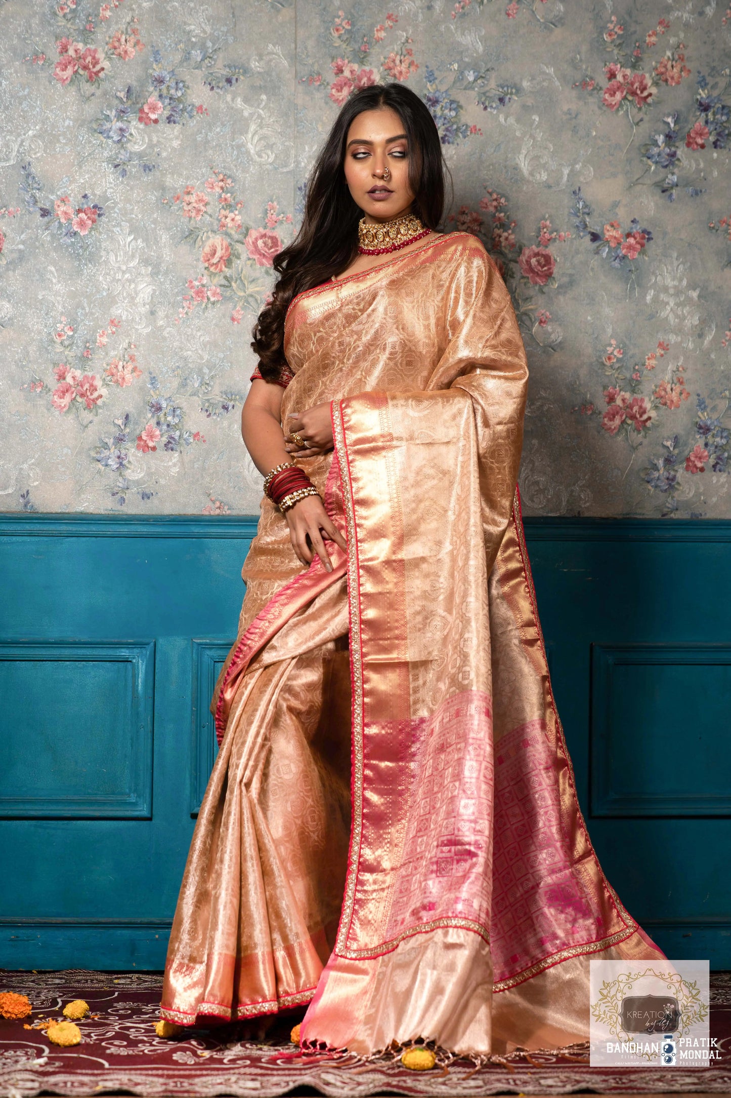 Gold and Pink Tissue Banarasi Saree kreationbykj