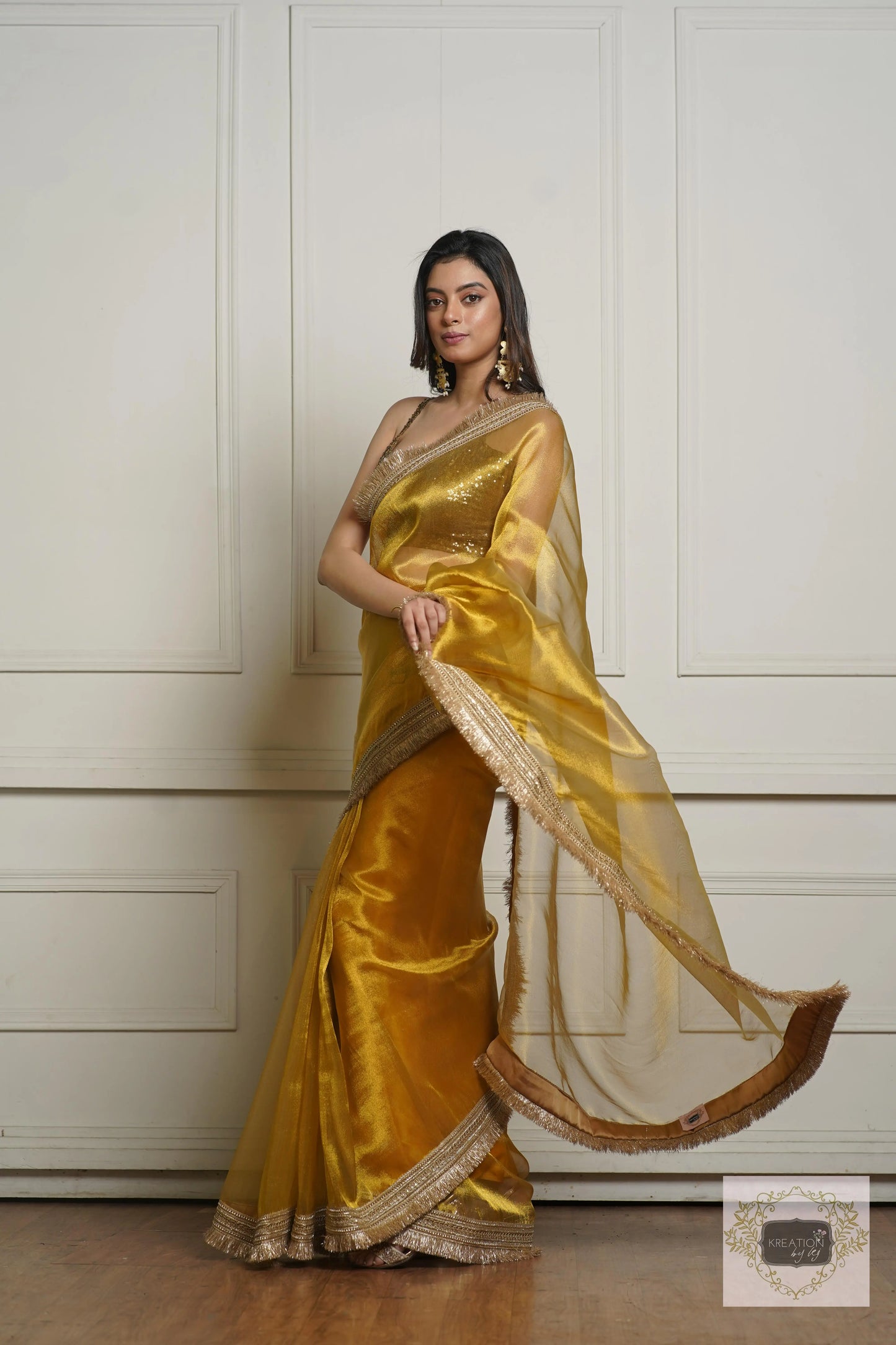 Golden Yellow Zari Tissue Banno Saree for Wedding kreationbykj